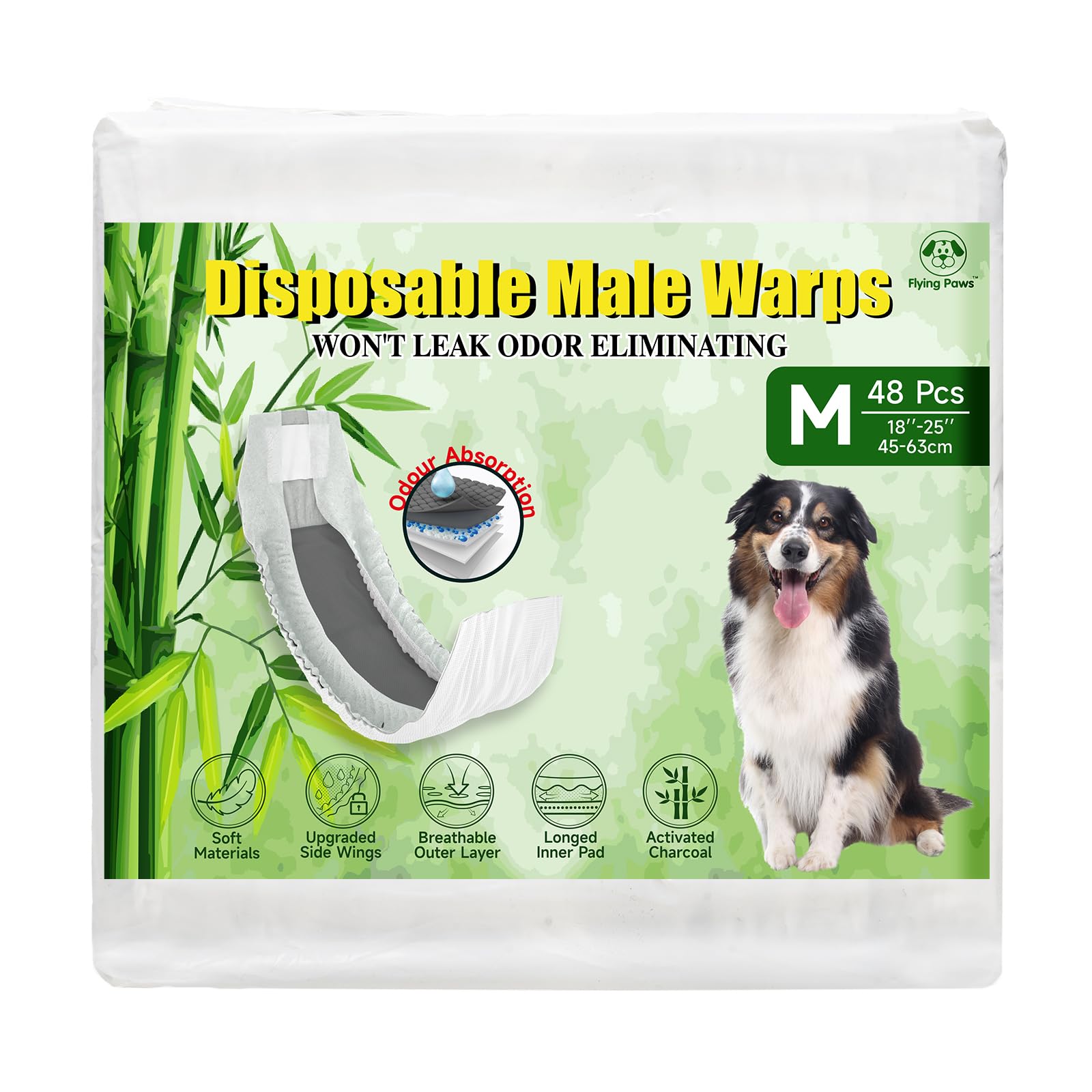 Flying Paws Pannolini per cani maschi, M-48 usa e getta con carbone attivo, neutralizzazione degli odori, pannolini morbidi e traspiranti, pantaloni per incontinenza per cuccioli M-48 Count