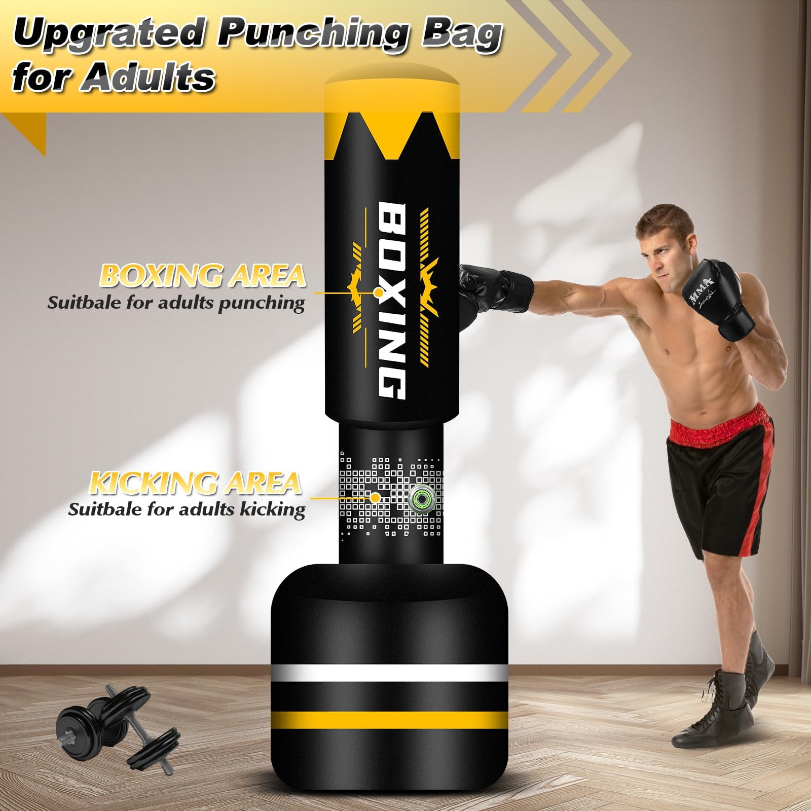 Sacco da boxe 2 in 1 per adulti, 180 cm, autogonfiante, pesante, con guantoni da boxe e pompa ad aria integrata, per allenamento MMA, Muay Thai, fitness, principianti