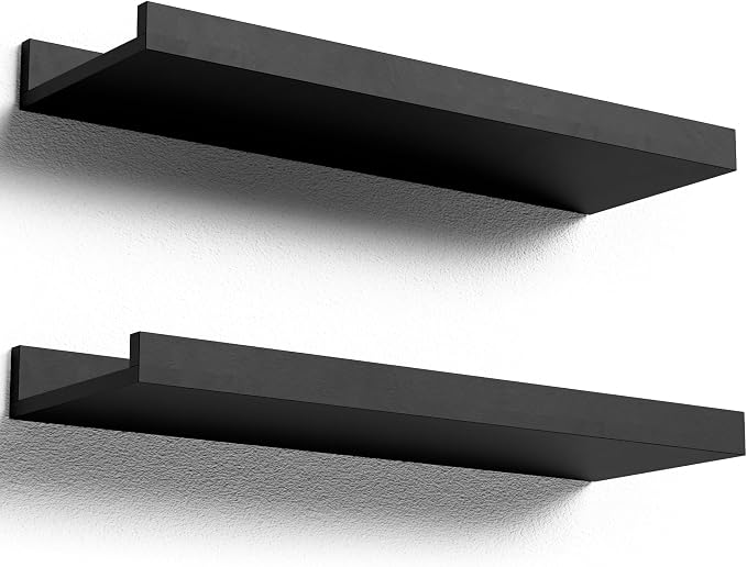 Boswillon Floating Shelves Set of 2, Small Wall Shelf with Lip, 16 inch, Black