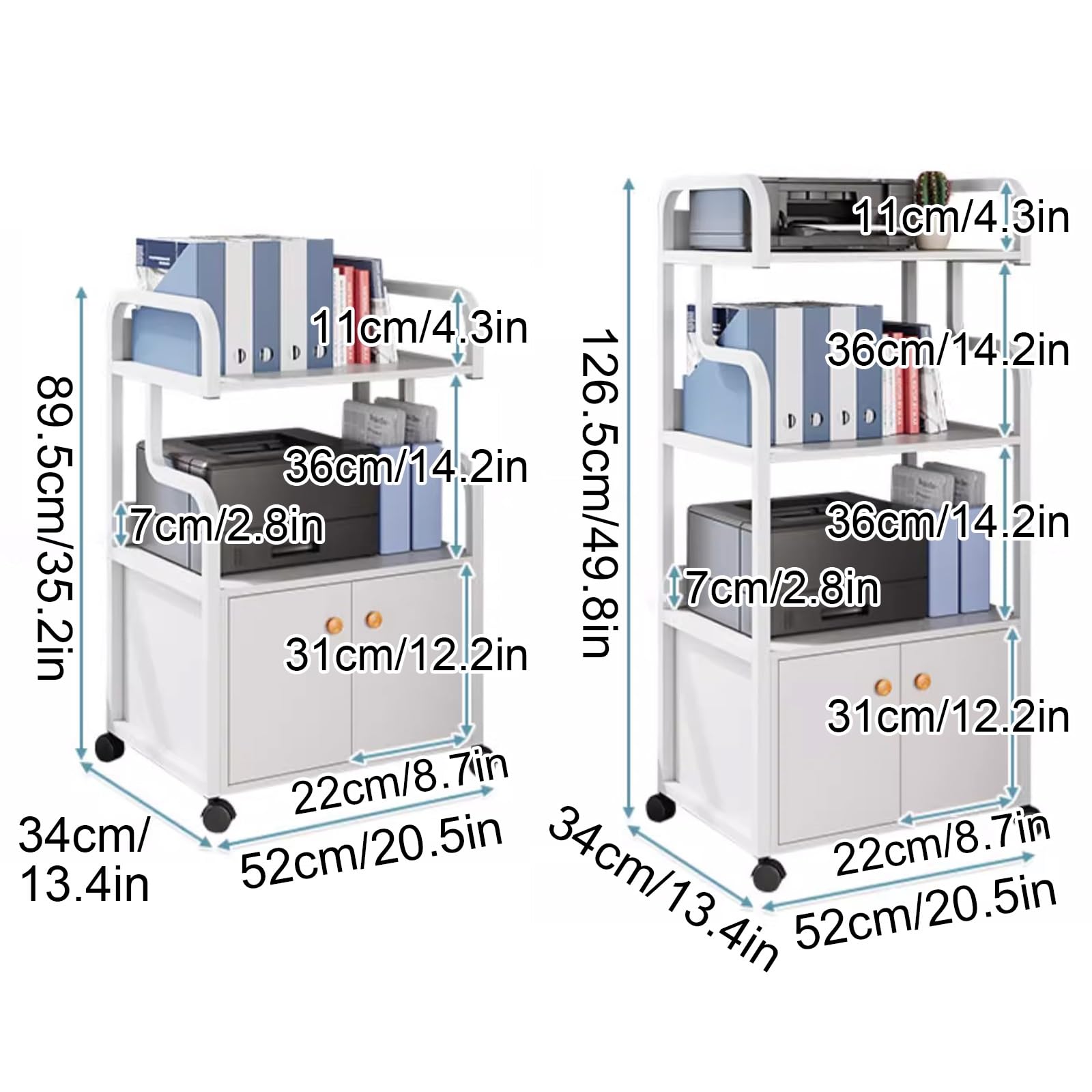 Soporte grande para impresora con ruedas, mesa de almacenamiento alta para oficina en casa, marco de acero duradero con puerta y protección deflector, color blanco (52 x 34 x 89,5 cm)