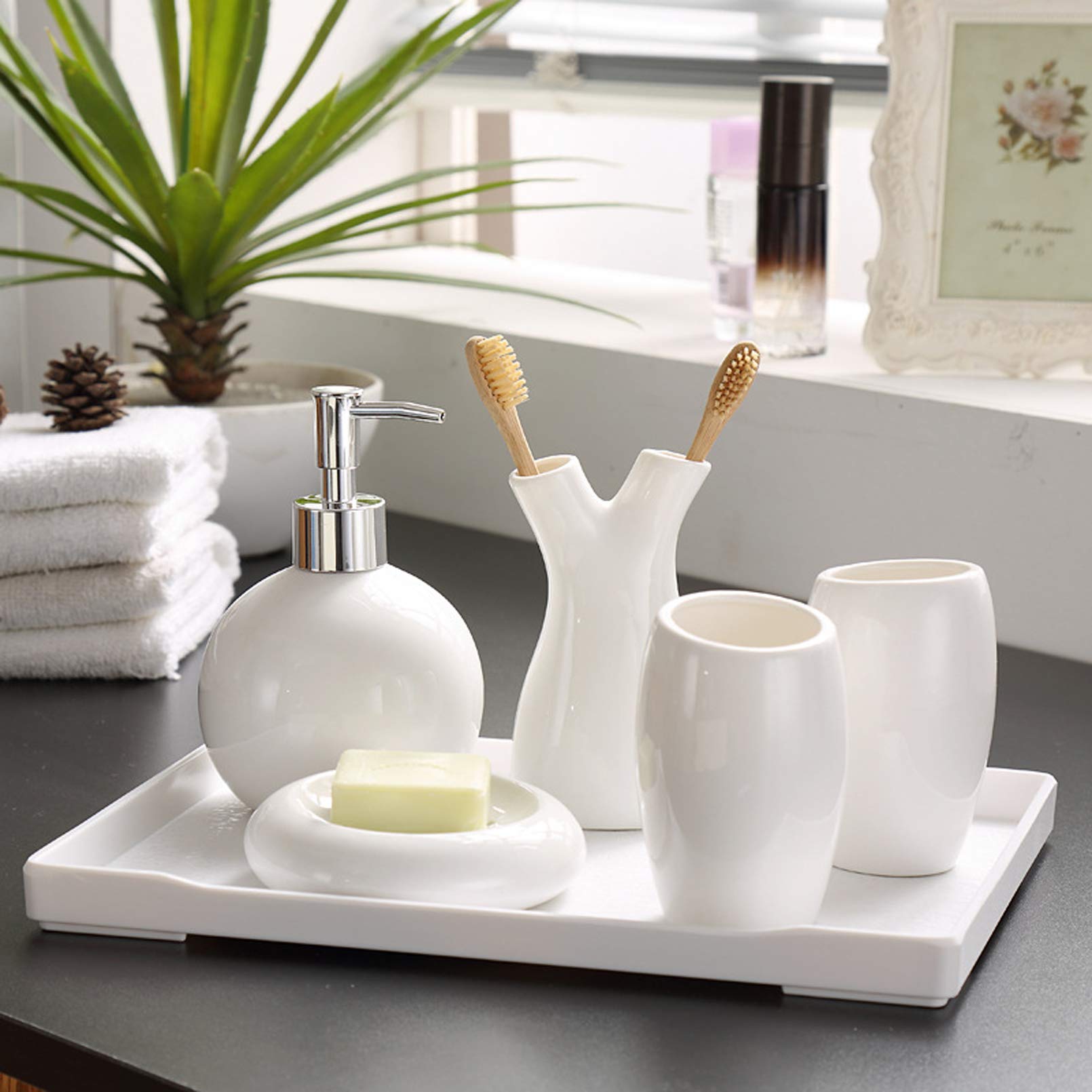 Cutfouwe Conjunto De Accesorios De Baño Adecuado Dispensador De Jabón, Jabonera, Soporte De Cepillo De Dientes, Conjunto Completo De Decoración De Baño Moderno, Conjuntos De Accesorios De Baño,Blanco