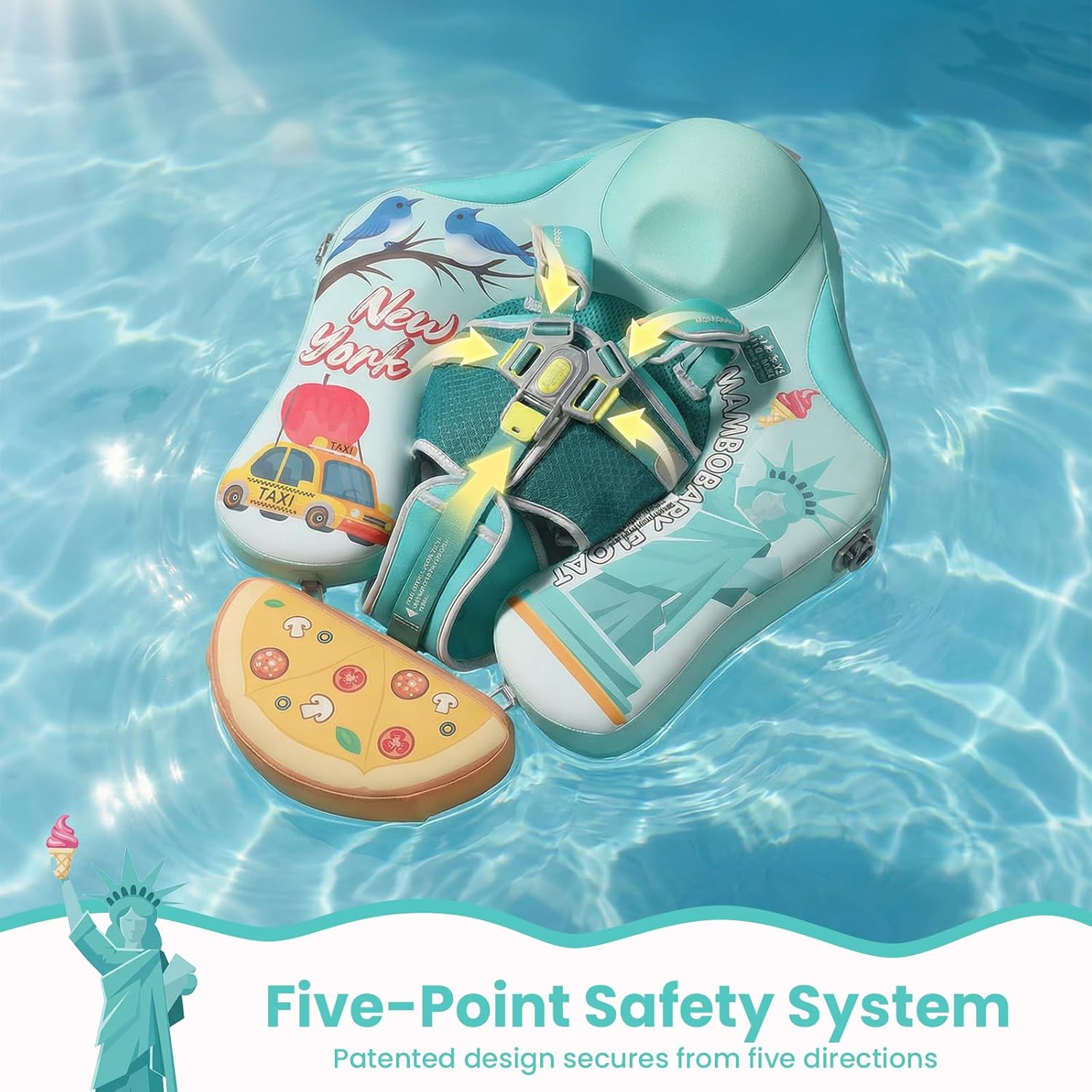 Mambobaby Float Non-Inflatable Baby Float with Canopy, Five-Point Safety System, 3D Canopy(Detachable) UPF 50+, Baby Pool Floats for 3-24 Months, Dual-Mode Toddler Swim Floaties