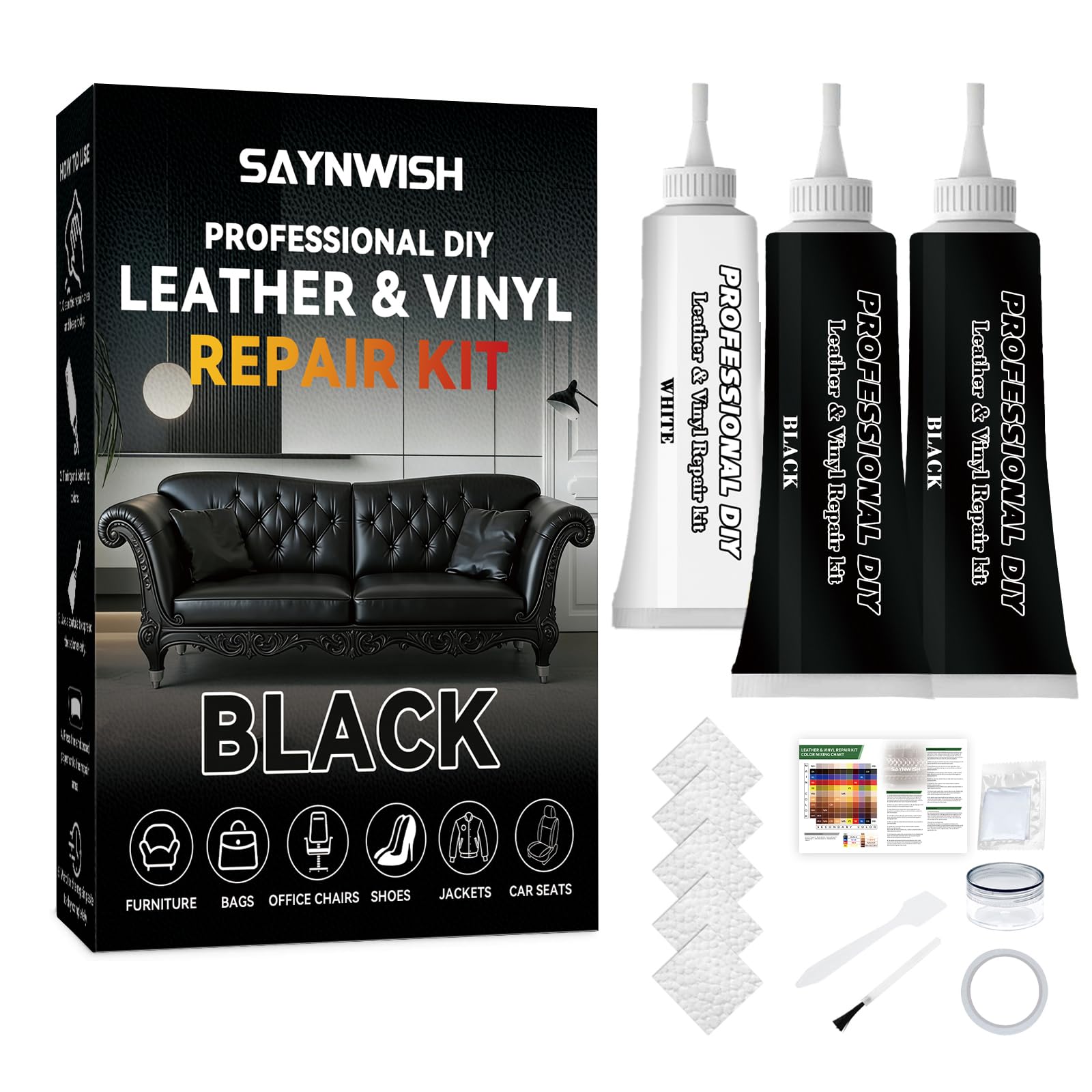 Photo 1 of Saynwish Leather Repair Kit - Restores Faux,Vinyl,Artificial and Real Leather,Sofa,Jacket,Car Seats and Purse.Professional Results,Repairs Burn Holes,Scratches,Tears (Black)