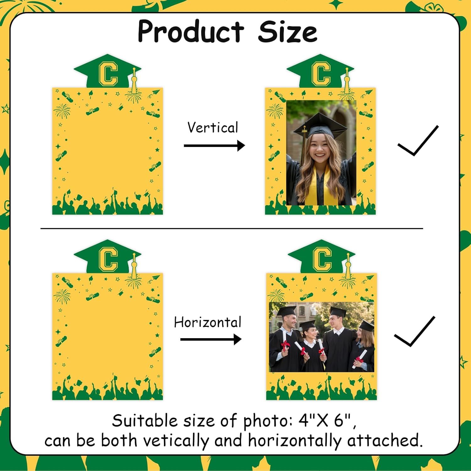 Yellow and Green Graduation Photo Banner Congrats Grad Photo Cards Banner Fireworks Bachelor Cap DIY Picture Hanging Decor Grad Photos Props for Girls Boys Graduation Party Supplies - Image 4