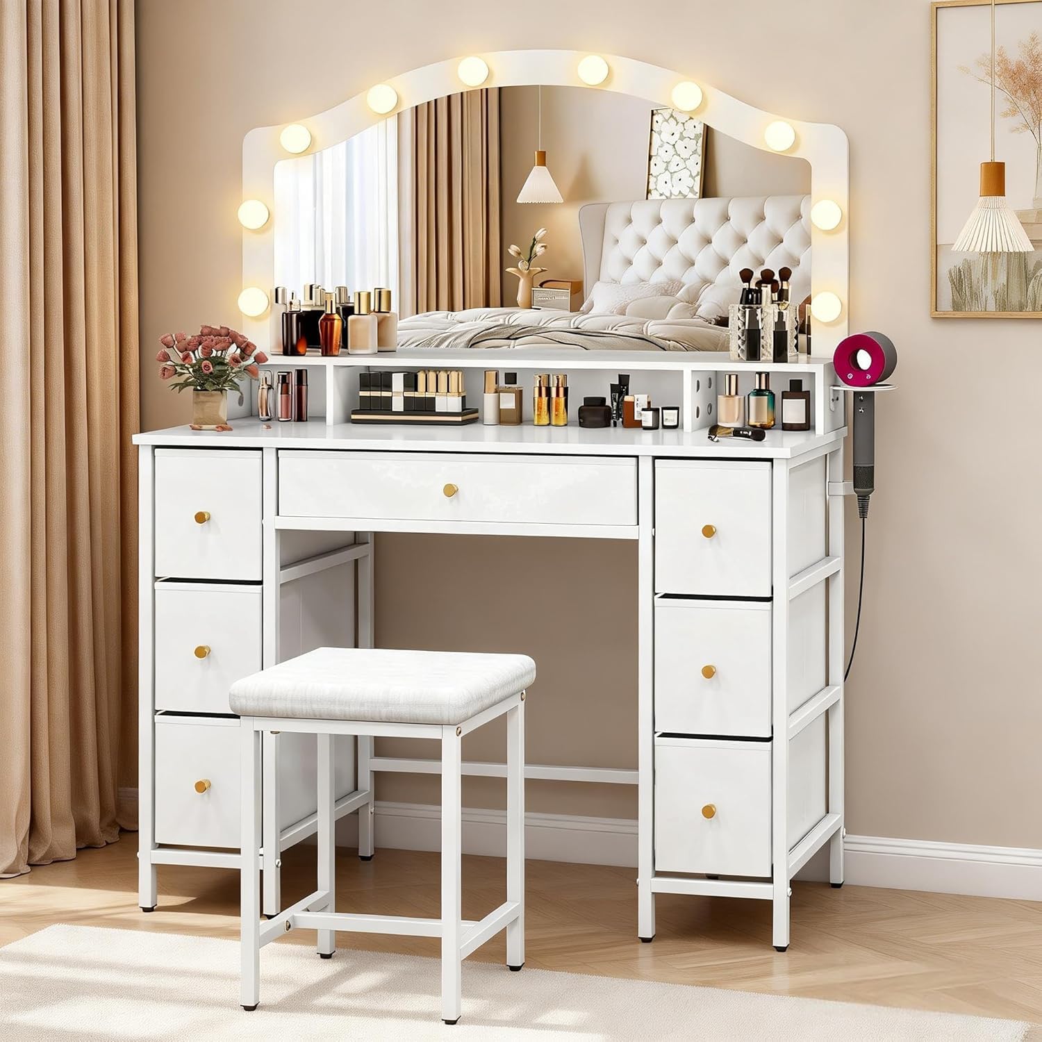 YOURLITE Dressing Table with Mirror and Stool, Vanity Desk with Drawers