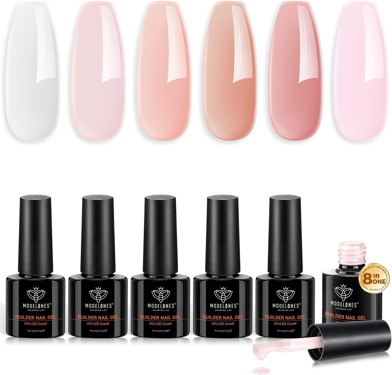 8-in-1 Builder Nail Gel, 6 Colors Pink Builder Gel for Nails, Hard Gel Builder Nail Extension Gel Builder Gel in a Bottle for Nail Starter
