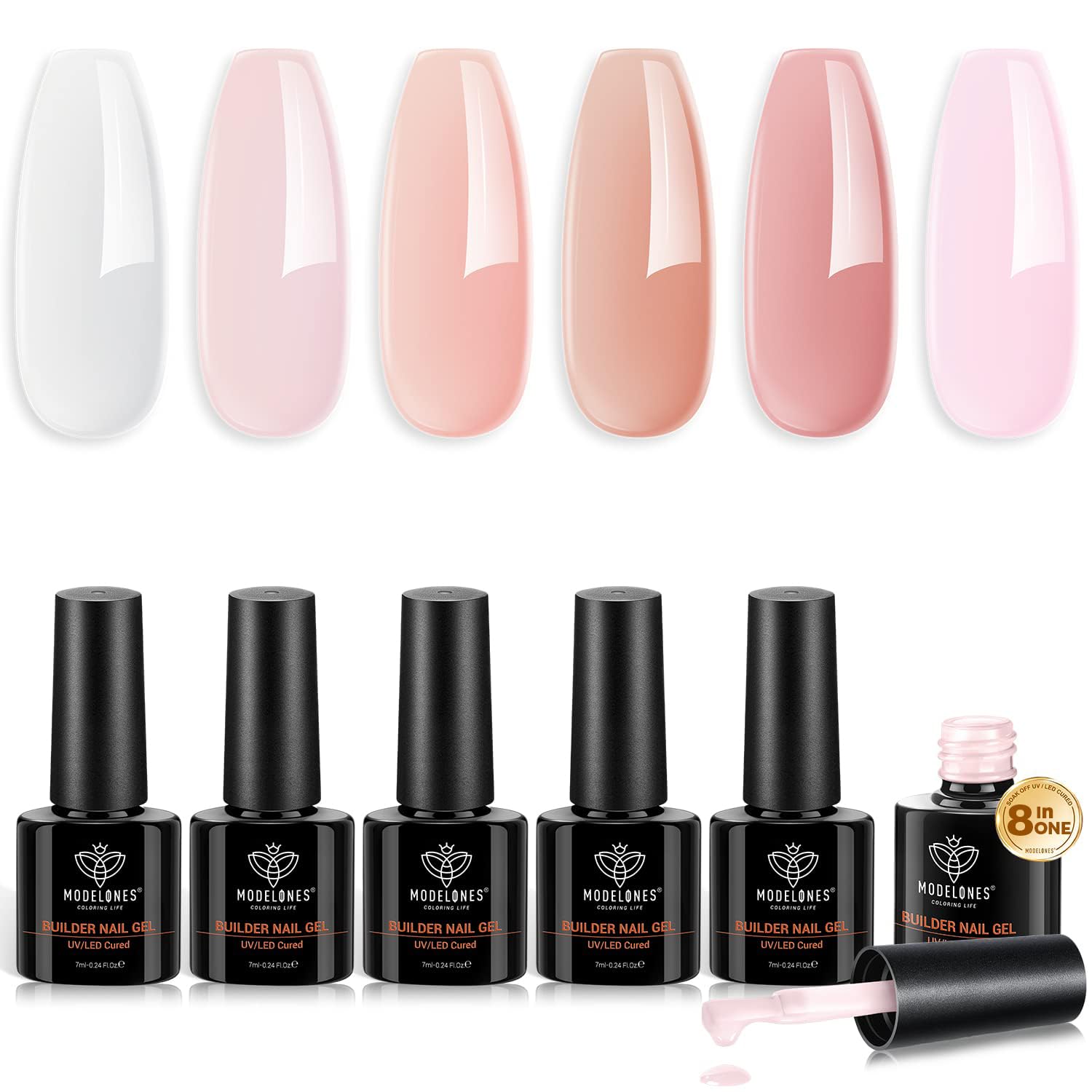modelones8-in-1 Builder Nail Gel, 6 Colors Pink Builder Gel for Nails, Hard Gel Builder Nail Extension Gel Builder Gel in a Bottle for Nail Starter