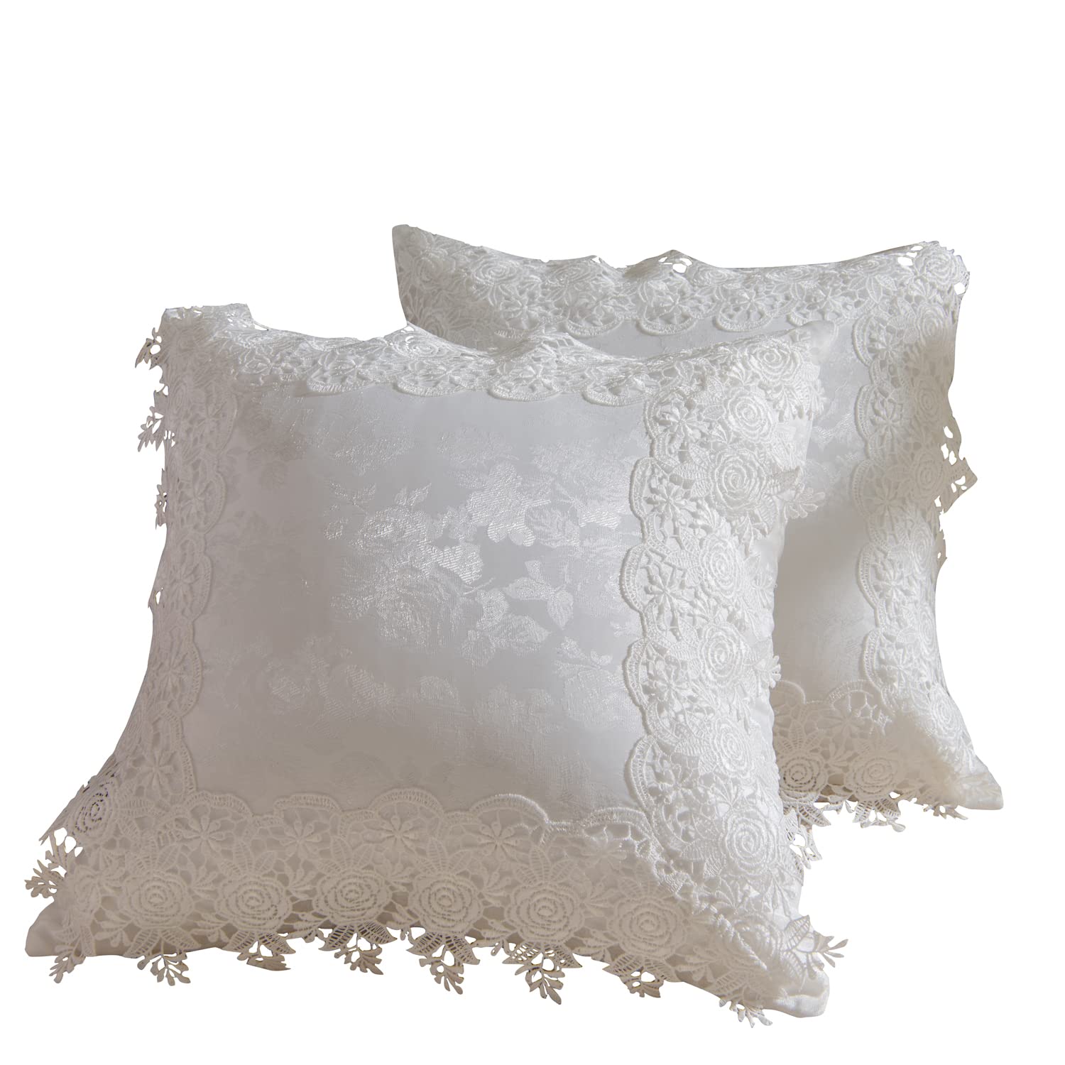 Federe per cuscini in jacquard, con ricamo francese a pizzo, decorative per divano e poltrona, design a volant, decorazione rustica per la casa, 45x45 cm, set di 2 (Jacquard bianco, 45x45 cm)