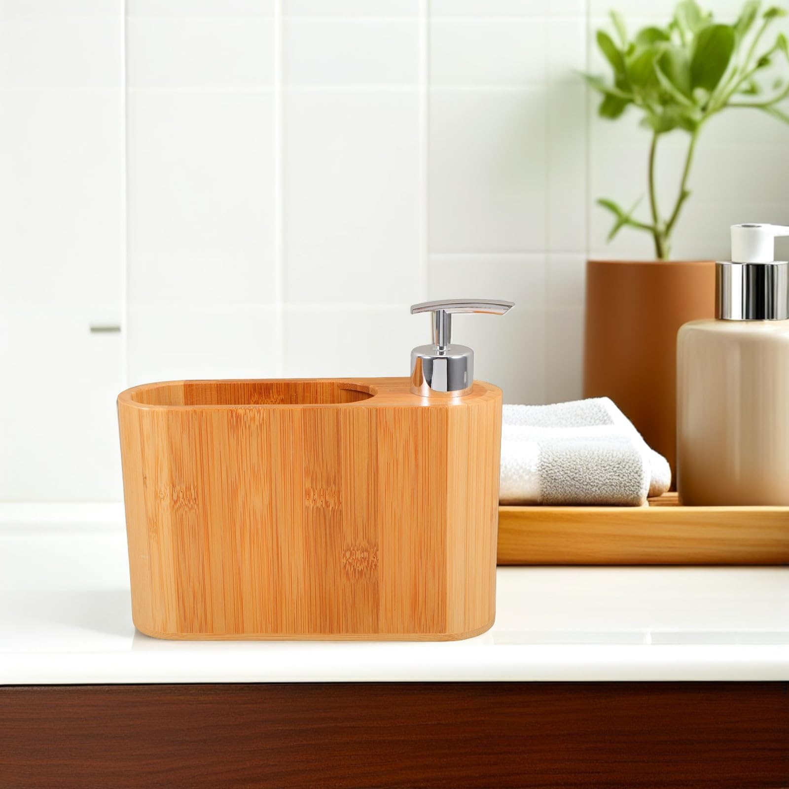 Gadpiparty Dispensador de Jabón Oval de Plástico y Madera Diseño Elegante para Uso en Baño y Hogar, Cómodo Agarre y Pieza Decorativa Portátil
