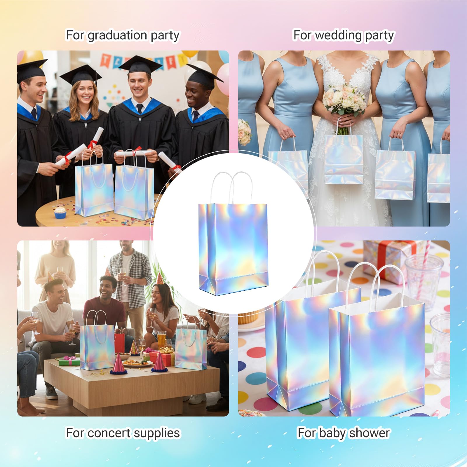 IMengjbang 40 Pcs Iridescent Gift Bags with Handle, 8.3 x 5.9 x 3.1 Inch Holographic Glossy Paper Goodie Bags Reusable Glitter Party Favor Tote for Birthday Wedding Bachelorette Party Boutique