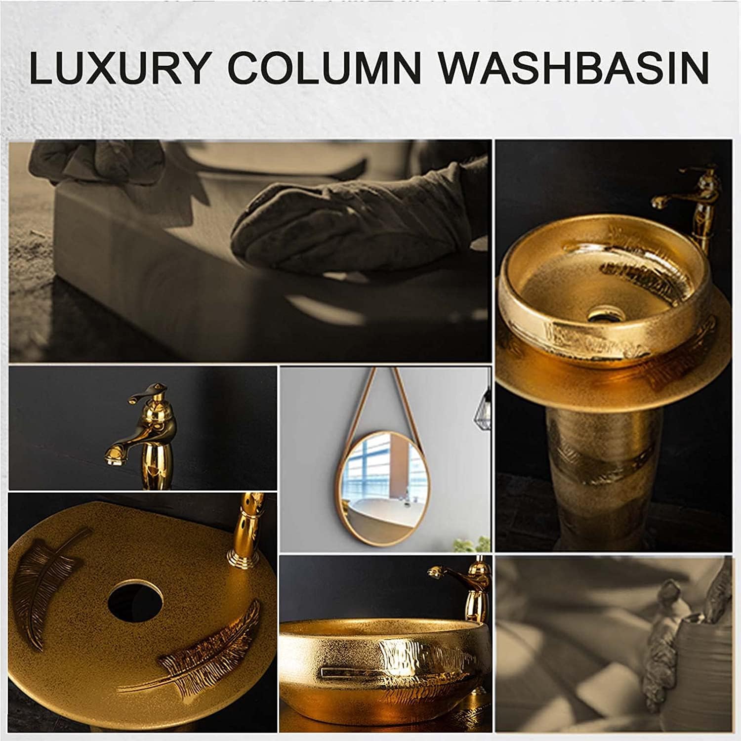 Freestanding Pedestal Sink Hotel Art Basin, Modern Ceramic Bathroom Basin Sink, Gold Cylindrical Hand Wash (Size : Without Mirror), oujinmm2024327 (with Mirror)