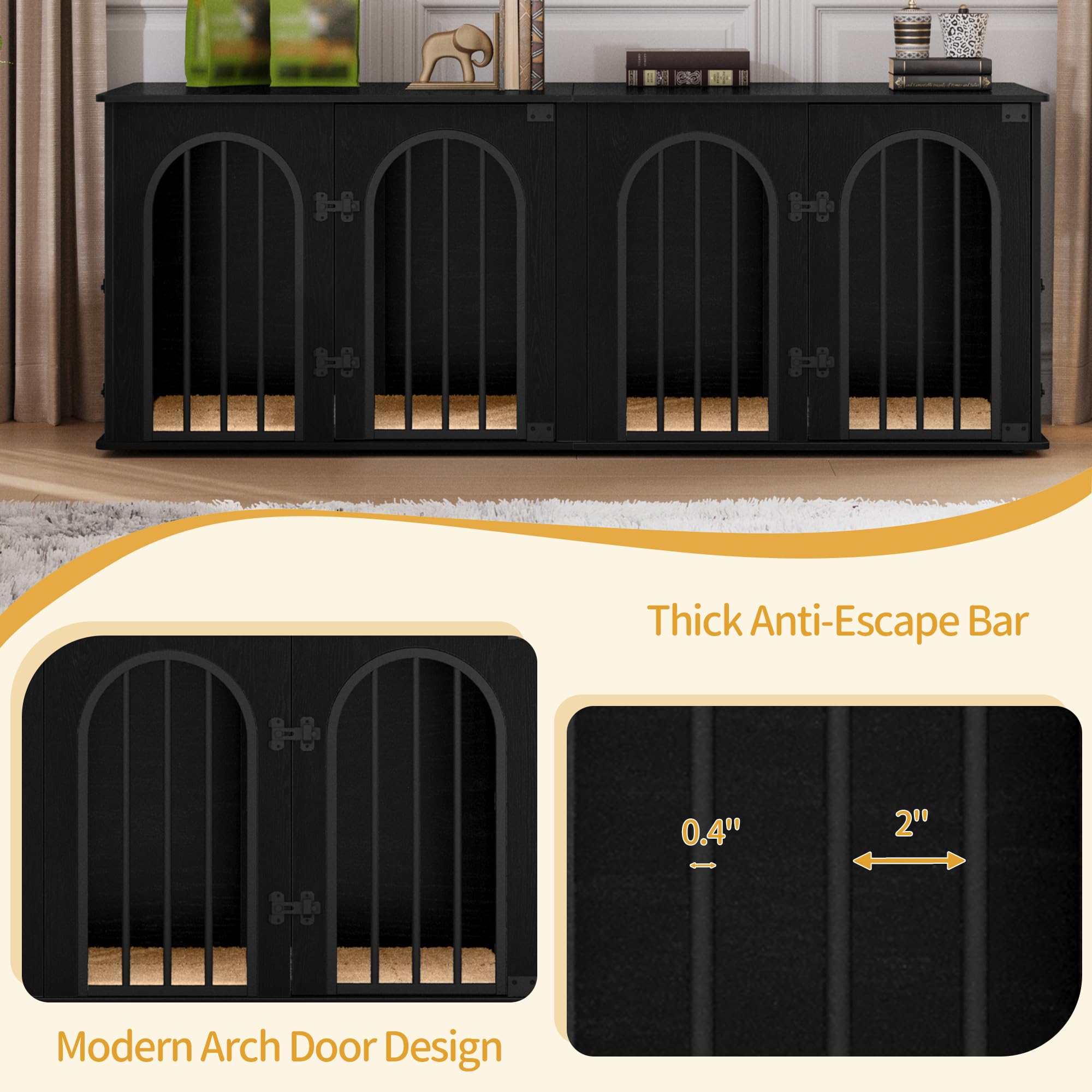 Hzuaneri 63" Dog Crate Furniture for 2 Dogs, Heavy Duty Indoor Dog Kennel TV Stand, L Wooden Dog Cage with Divider for Medium Large Dogs, End Table Dog Crate with Cushion, Black DFC80904B - image 6