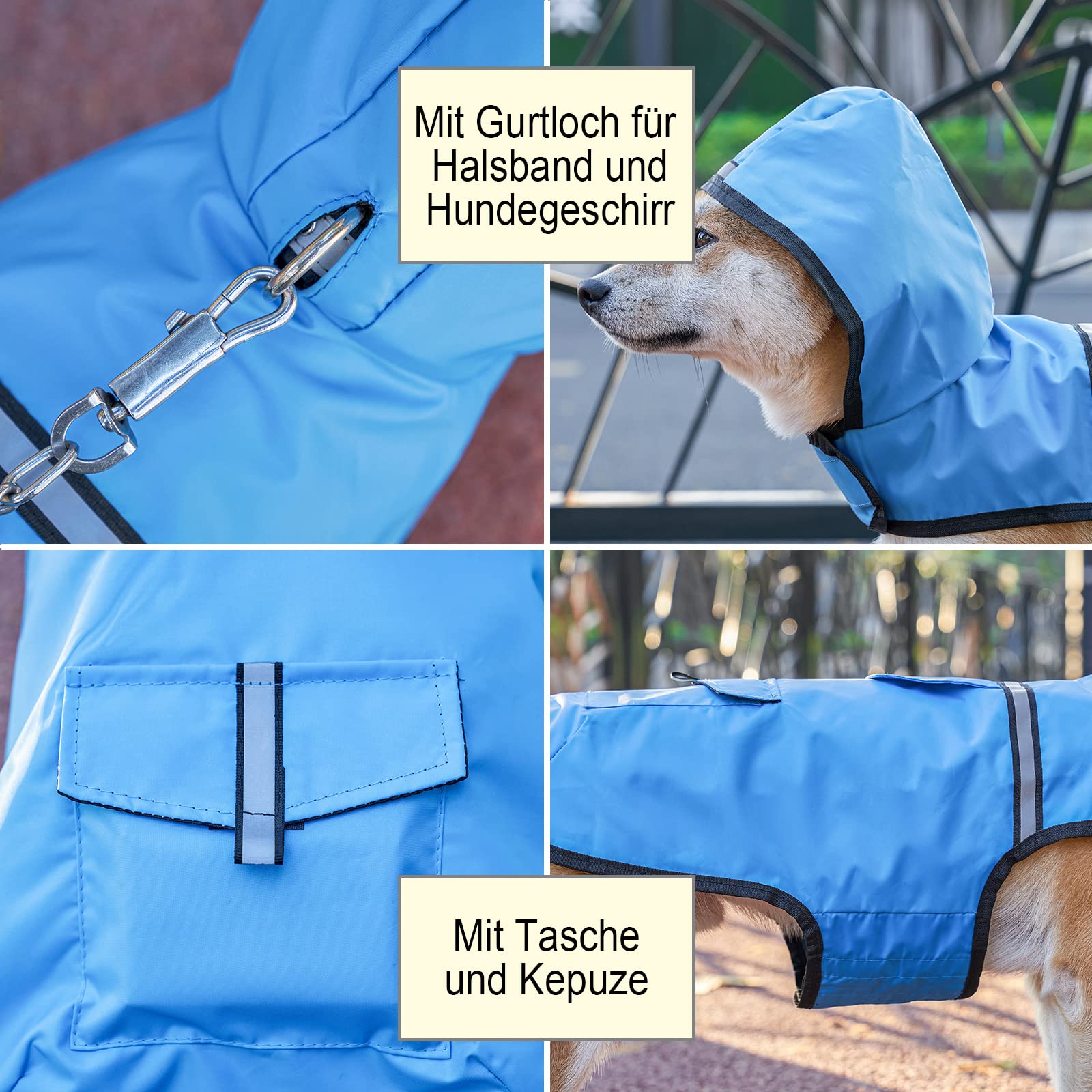 KoKoBin Impermeabile Cane Giacca riflettente per cani con cappuccio Foro del collo con cappuccio Super leggera e traspirante impermeabile per cani di taglia media e grande(Blu,2XL)