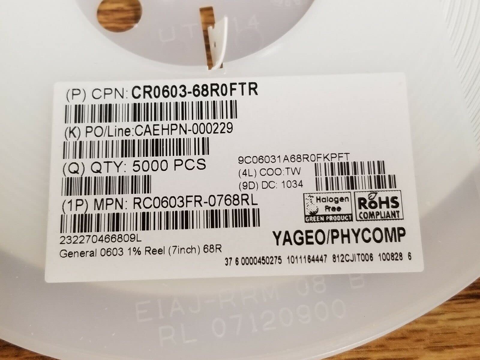 5K Reel - RC0603FR-0768RL, Yageo, Thick Film Resistors, US Stock*