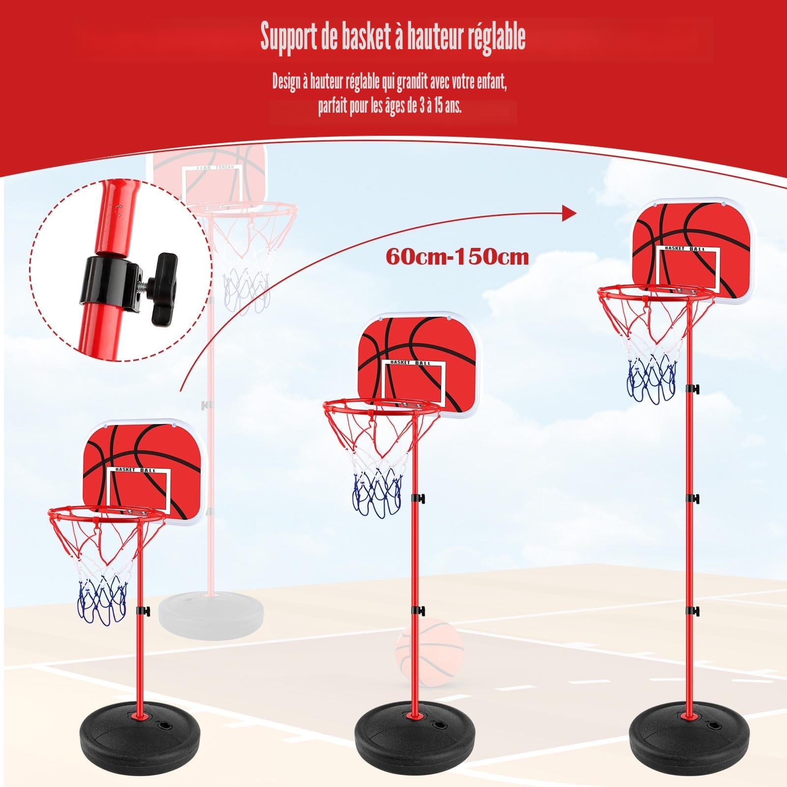 Panier de Basket Enfant, Panier de Basket Exterieur avec Support, Panier Basket Enfant Réglable en Hauteur 60-150cm, Kit Basketball Junior avec 2 Ballons Une Pompe