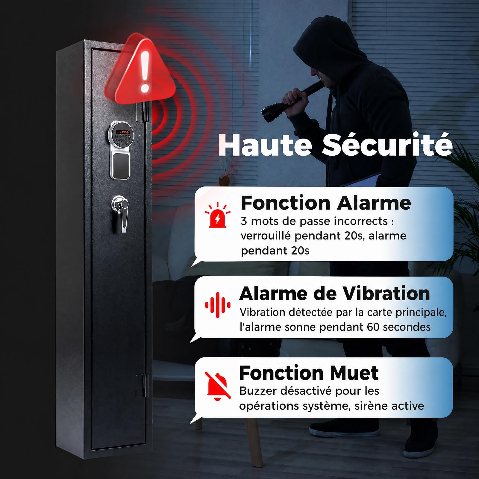 COSTWAY Armoire à Armes pour 8 Fusils, Coffre-Fort 2 Façons de Verrouillage | par Clavier Numérique et Clés, Fonction d'Alerte, Armoire à 8 Fusils, pour Fusils et Pistolets Domestiques, 25 x 22 x 132 cm