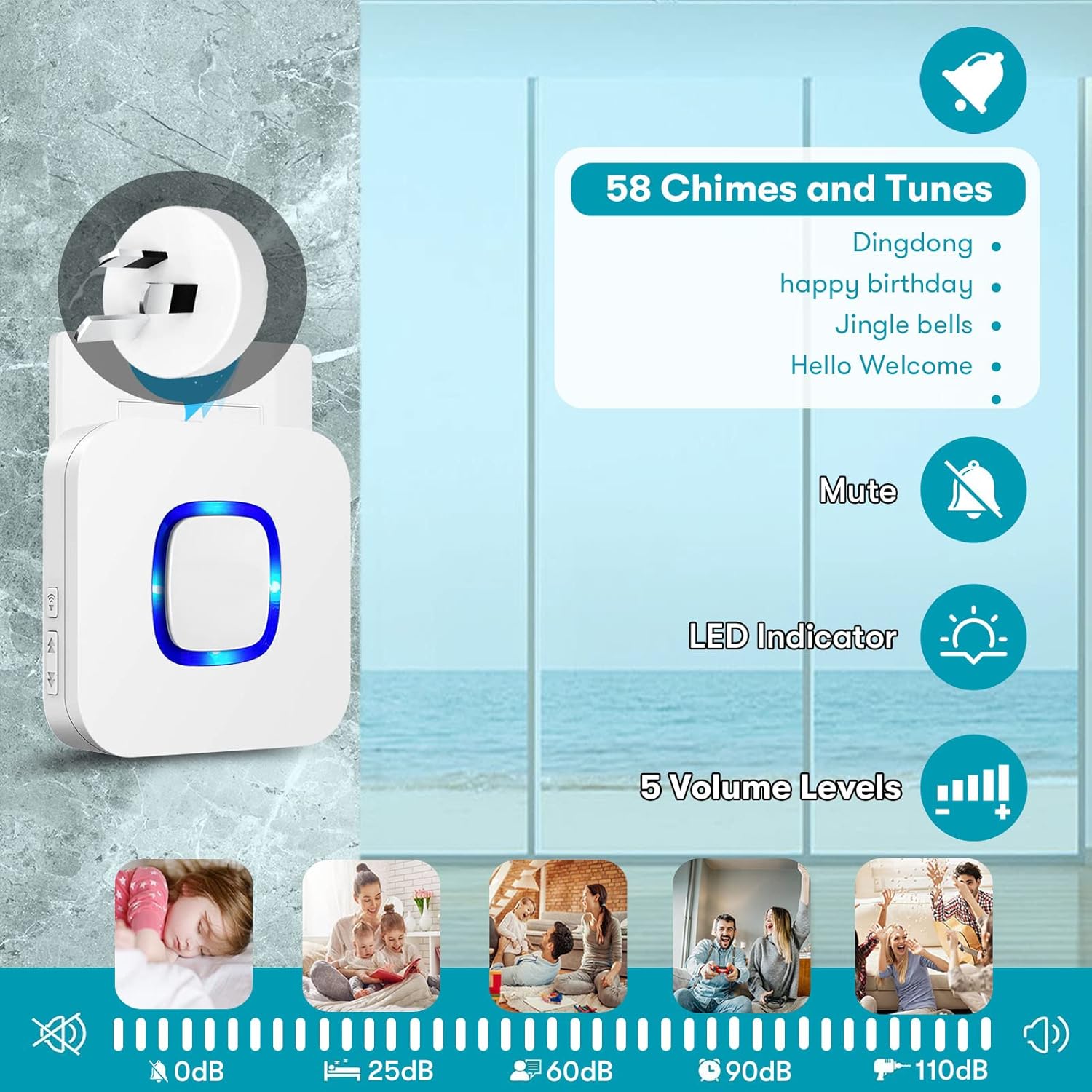 Coolqiya Wireless Doorbell Chime for Home with 1 Remote Waterproof Door Bell and 2 Plugin Receivers, 1000 Feet Long Range Transmission, No Battery Required for Receiver Over 50 Chimes