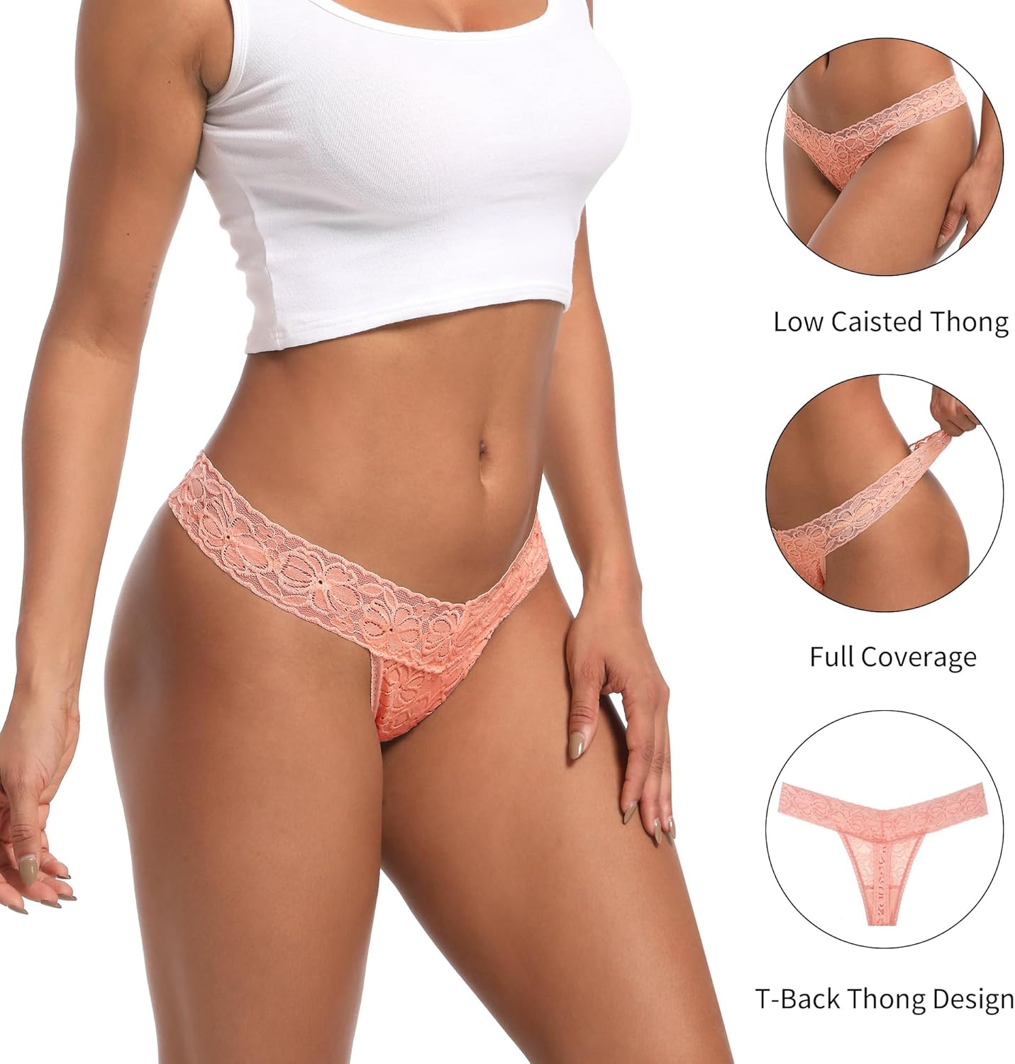 Pack 6 Seamless Lace Thongs for Women Plus Size Breathable Panties Low Rise T-back Stretch Cotton No Show Underwear - Image 4