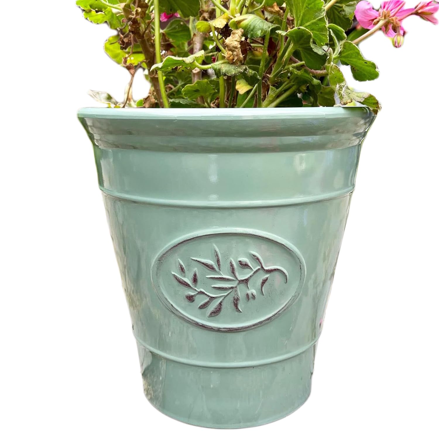 Darthome Glossy Green Round Planter, Ceramic Effect Plastic, 22x23cm, Lightweight, Drainage Holes, Classic Garden Flower Pot (2)