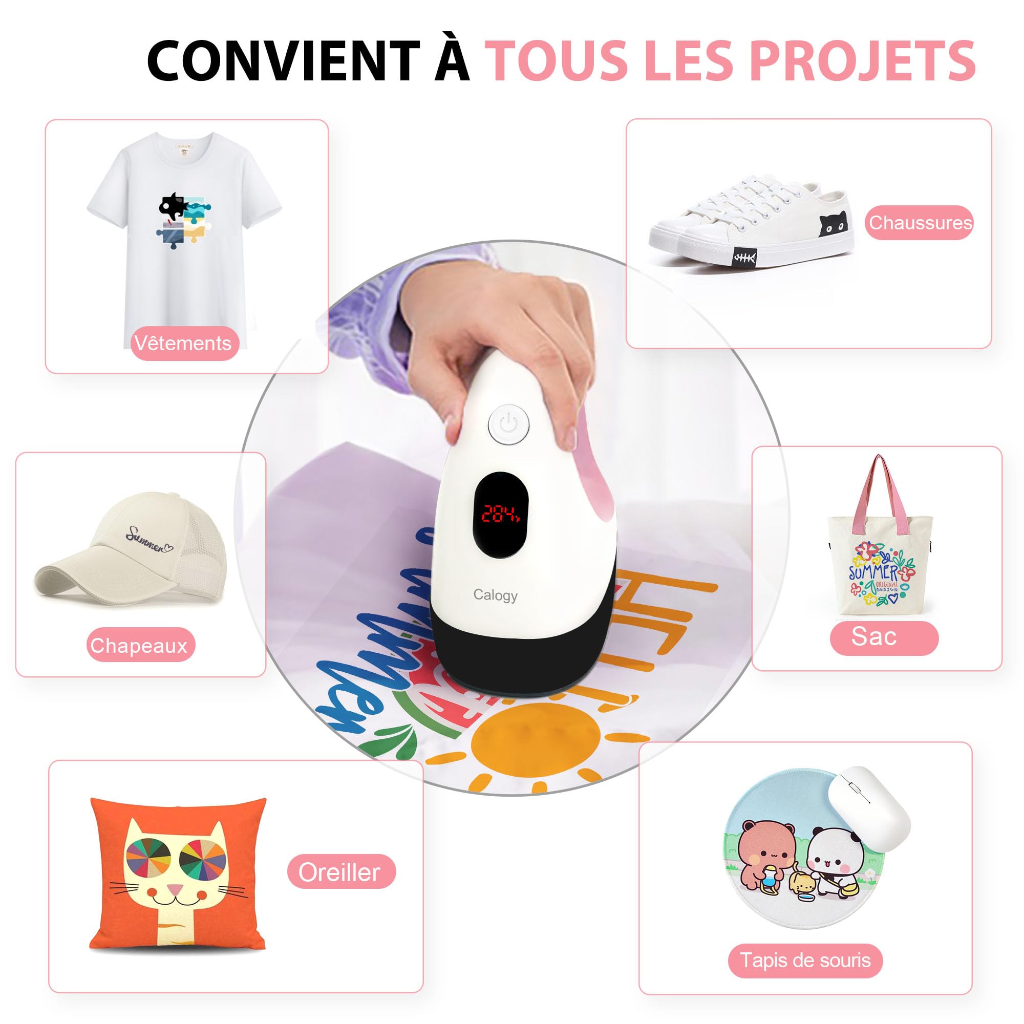 Calogy Mini Presse à Chaud, Machine Impression Textile Petit, Portable Mini Fer avec Affichage LED, 3 Niveaux Contrôle de la Température, Base Sécurité Isolée pour Tee Shirt, Casquett（Blanc Rose)