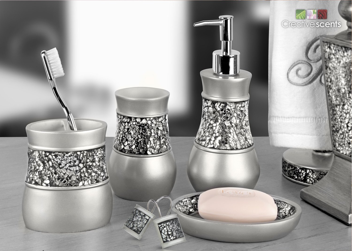 Creative Scents - Set Bagno 4 Pezzi In Vetro Mosaico Argento E Resina: Dispenser, Portaspazzolino, Bicchiere E Portasapone