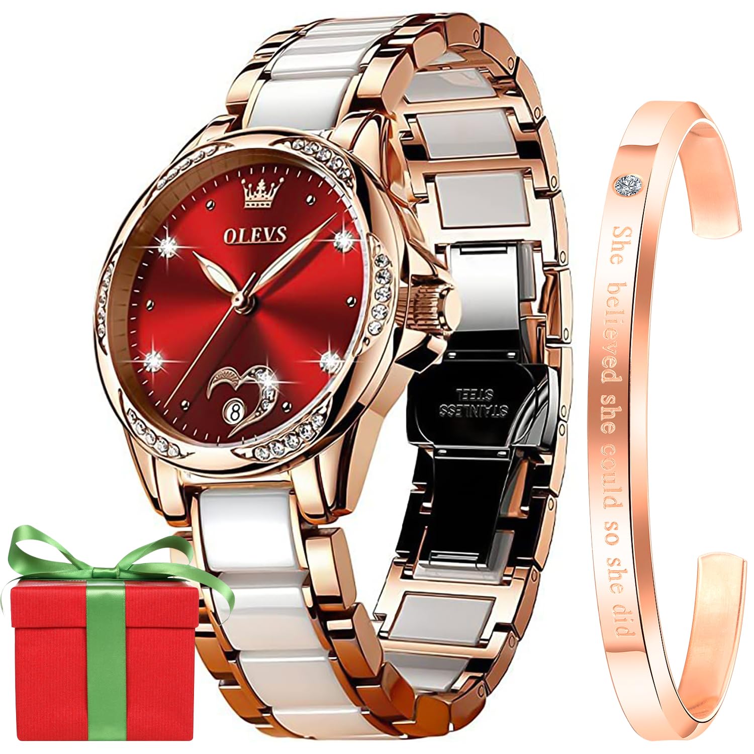 OLEVS Watch for Women Automatic Self Winding Mechanical Ladies Wrist Watch Big face Two Tone Stainless Steel Ceramic Bracelet Heart Diamond Fashion Luxury Ceramic Band Luminous Waterproof