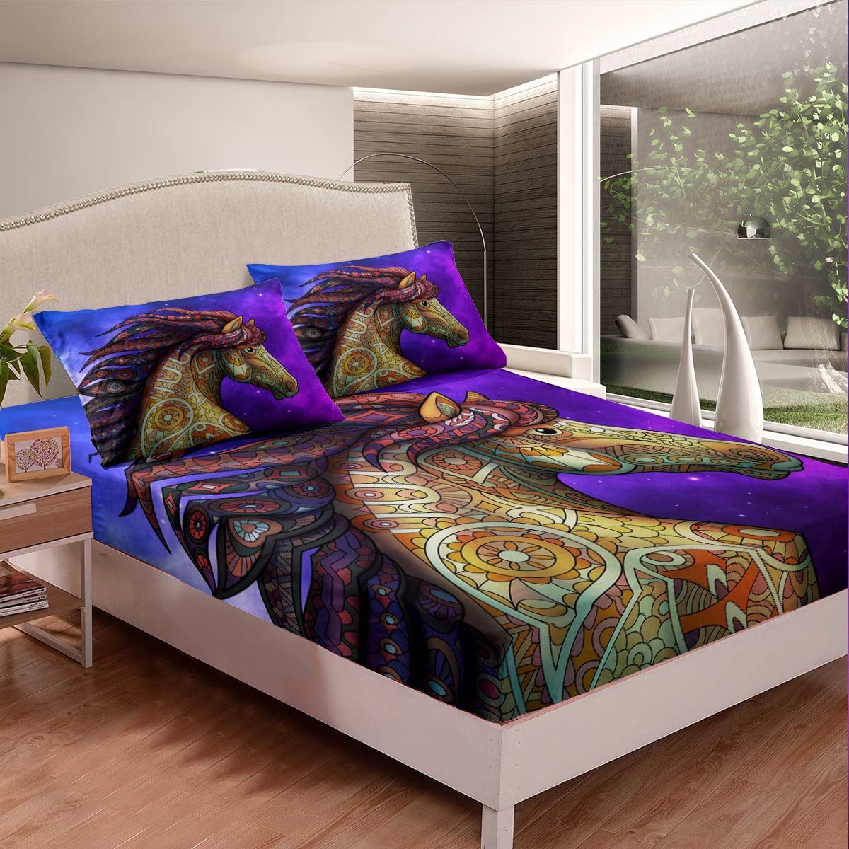 Juego de Ropa de Cama de Caballo,sábana de Cama con patrón de Caballo Hippie Indio,sábanas de Microfibra para niños,niños,niñas,tamaño King