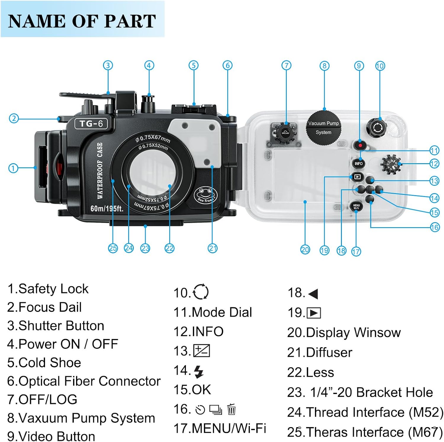 Professional Underwater Camera Housing Case, 60M/195FT Waterproof Compatible with Olympus TG-6, Anti-Snow Shockproof Design, O-Ring Seal, PC Construction (Black)