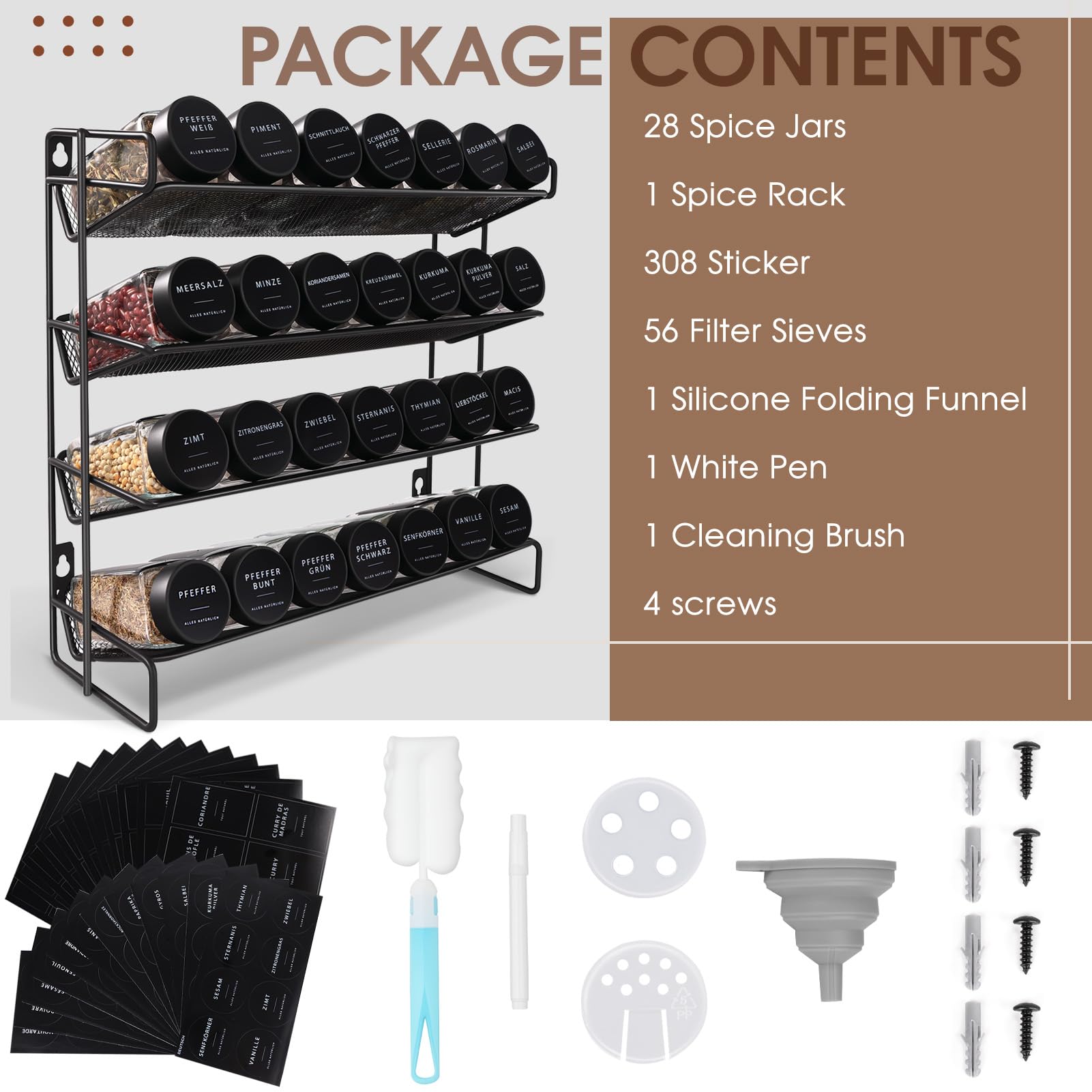 Porte-épices pour cuisine, 28 pots d'épices, porte-épices pour cuisine, avec 308 étiquettes, tamis, brosse