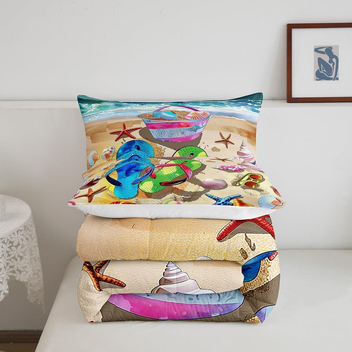 Homewish Teens Colorful Flip Flop Comforter Set Queen Size,Starfish Shell Bedding Set for Kids Boys Girls Bedroom Decoration,Ocean Beach Bed Duvet Insert,Summer Cool Comforter with 2 Pillowcases
