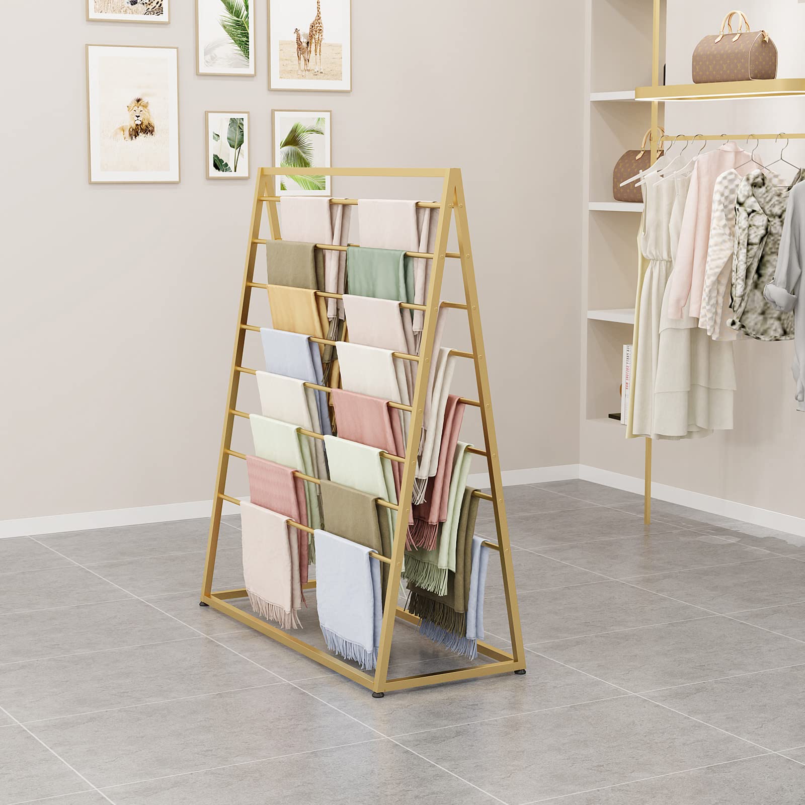 UWYTGF Scarf Holder Organizer,Standing Towel Rack,Scarf Hanger Organizer Holder,Freestanding Pants Hanger Metal Pipe Shelf,for Home,Gold,80 * 50 * 145Cm