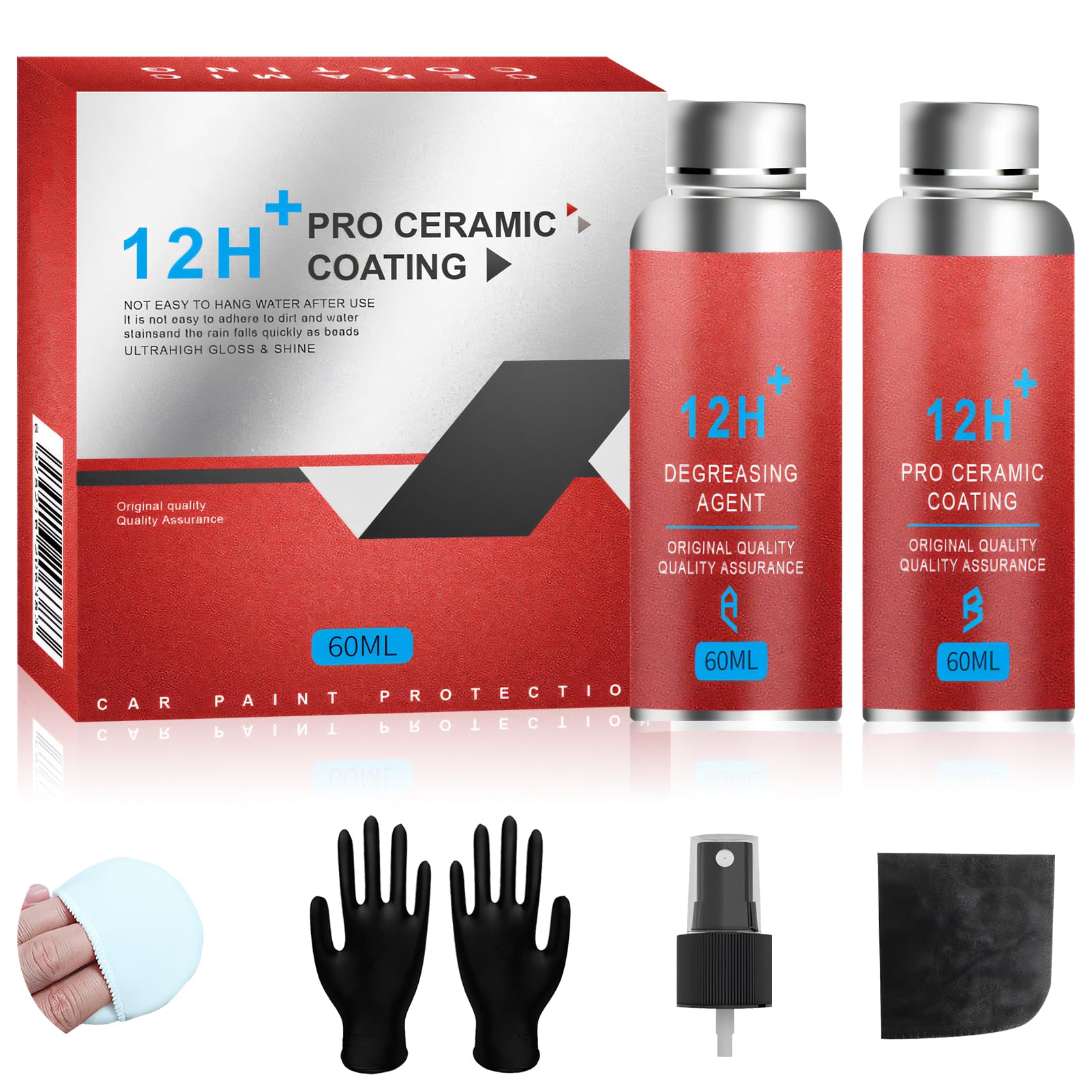 Graphene Keramik Versiegelung 12H Auto, 2 Stück Spray Set, 10+ Jahre Schutz, Ultrahochglänzend, Extrem Hydrophob (Rot)  