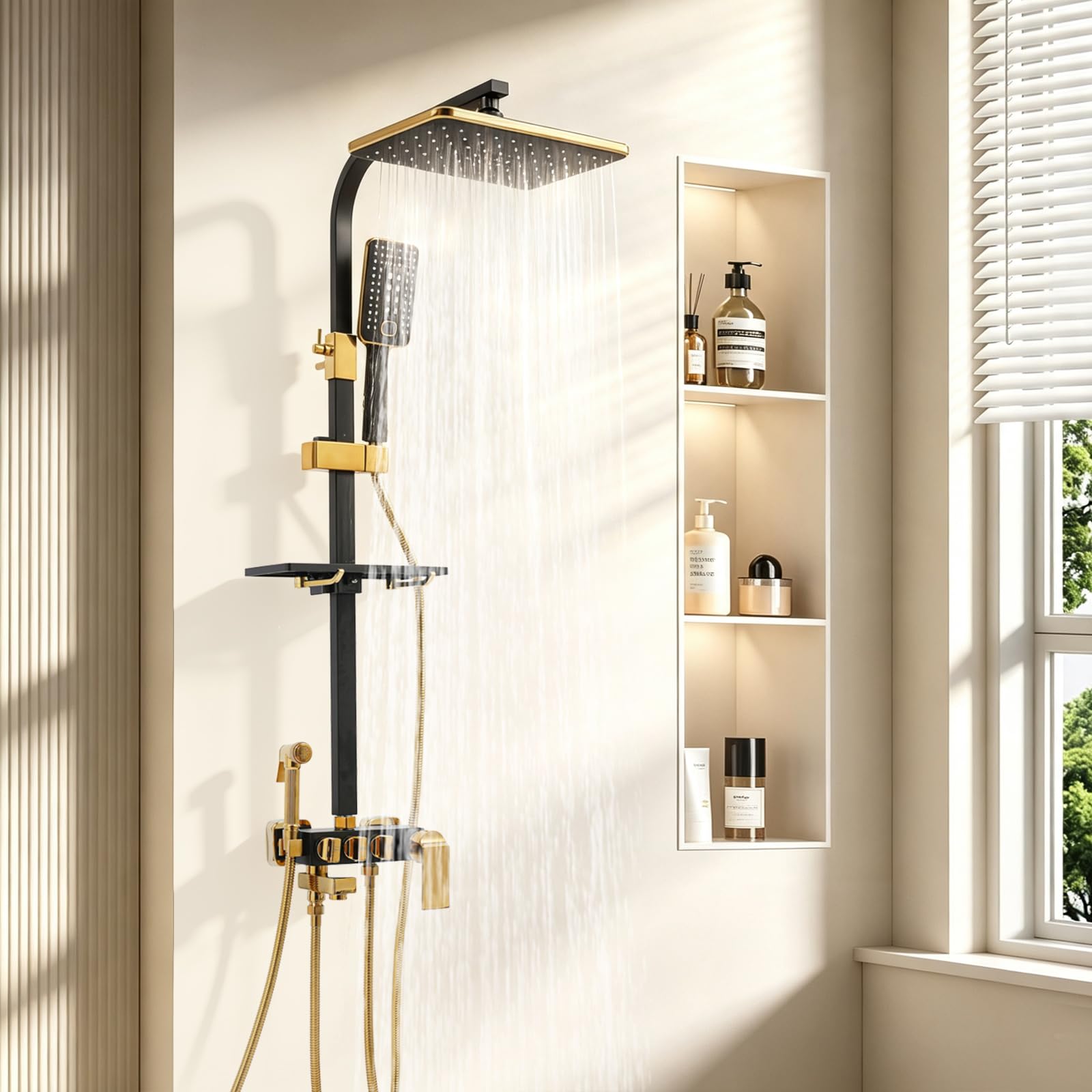 Duschsystem Schwarz Gold, Duschset 4 Sprühköpfe, Regendusche mit Handbrause