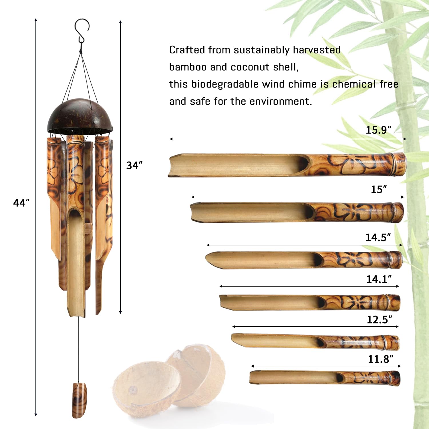 ASTARIN Bambus-Windspiel für draußen, handgefertigtes Windspiel aus Holz für draußen mit Kokoskrone, florales gebranntes Design, Bambus-Windspiele für Garten, Hof, Zuhause (111,8 cm)