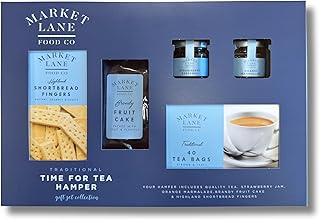 Traditional Time For Tea Hamper by Market Lane- Cream tea set containing Quality Tea, Strawberry Jam, Orange Marmalade, Fruit Cake, Highland Shortbread Fingers - Ideal Christmas or Birthday present