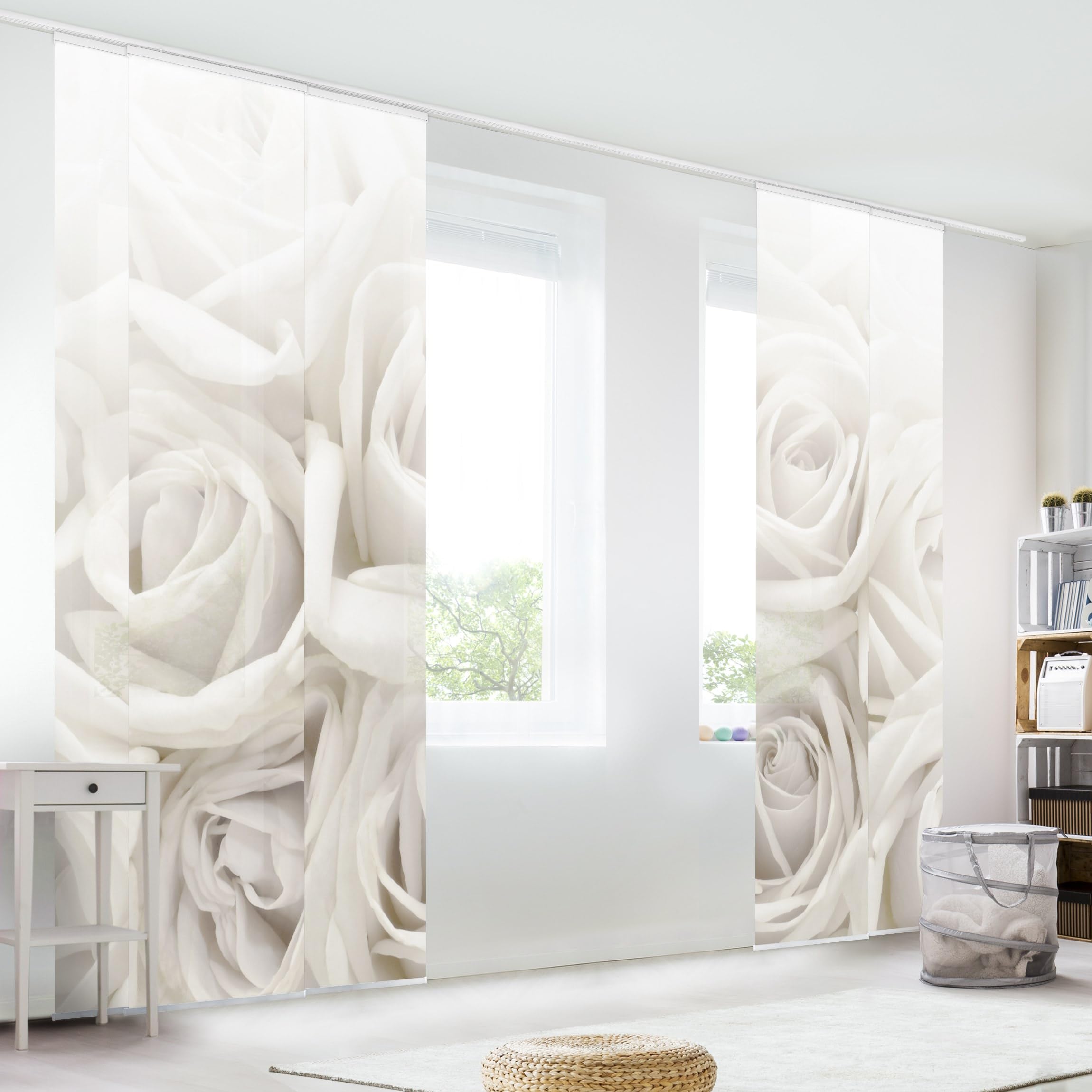 Schiebegardine halbtransparent 60er Paneel Klett Blumen Textil lichtdurchlässig - Rose Modern Flächenvorhang Weiss Wohnzimmer Schlafzimmer 1760 (300x250 cm - 5er Set)