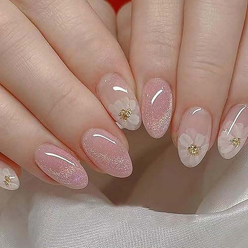 Uñas postizas cortas redondas MABKJLF de cobertura completa, color rosa, con diseño de flores, uñas postizas con purpurina brillante, uñas