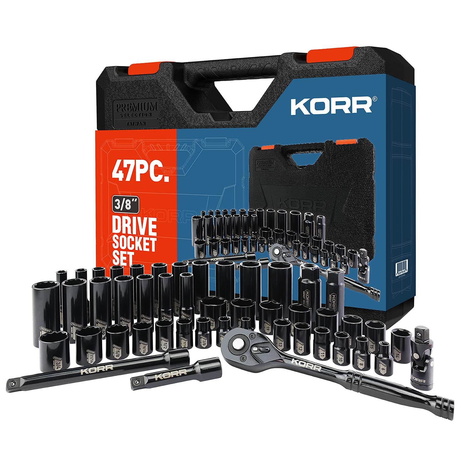 KORR Tools KSS003 47PC Impact Socket Set, 3/8 inch Drive SAE & Metric Socket Set