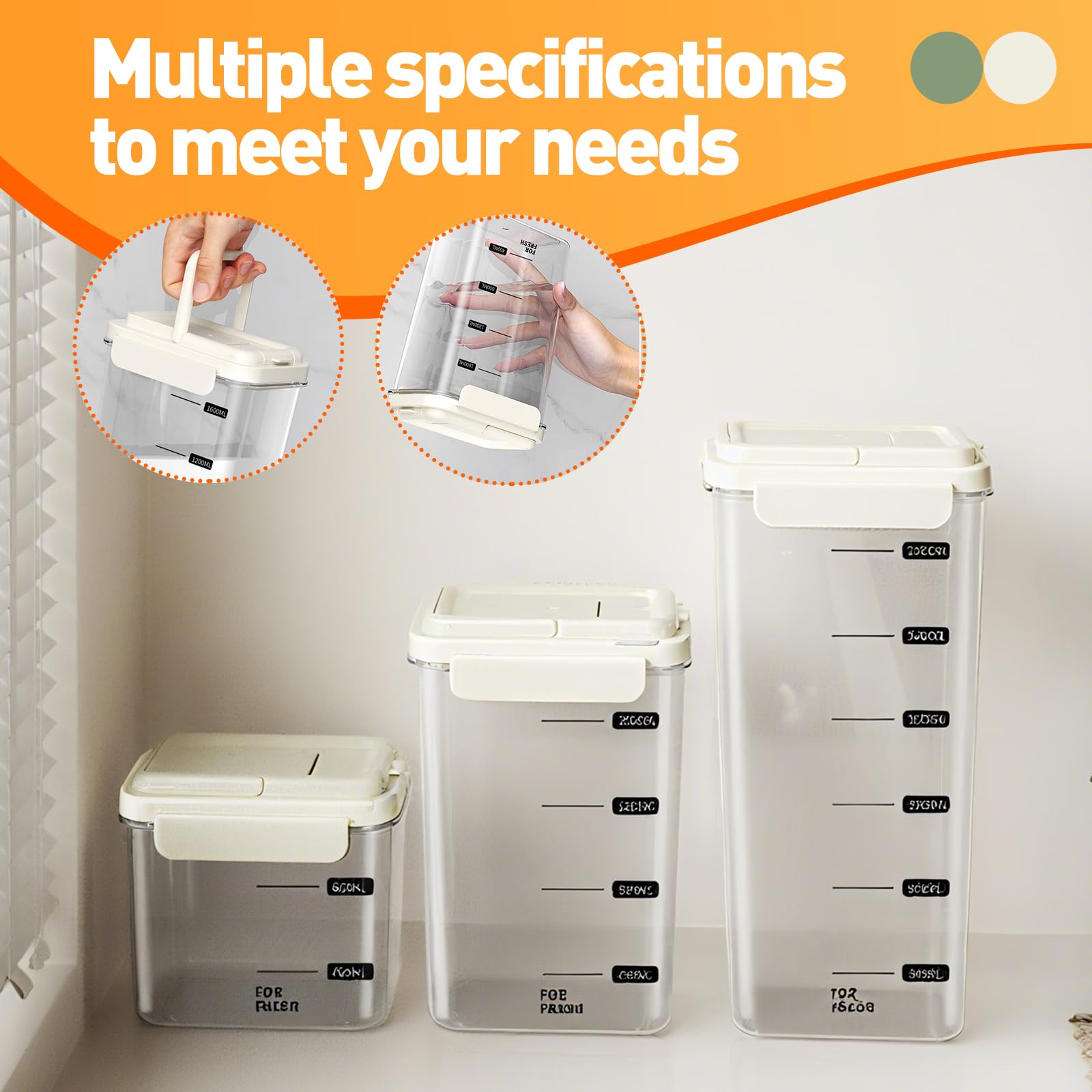Lot de 3 boîtes de rangement hermétiques – 1200 ml + 2000 ml + 2800 ml avec design portable, sans BPA, de qualité alimentaire, organiseurs empilables pour farine, céréales, avoine, pâtes