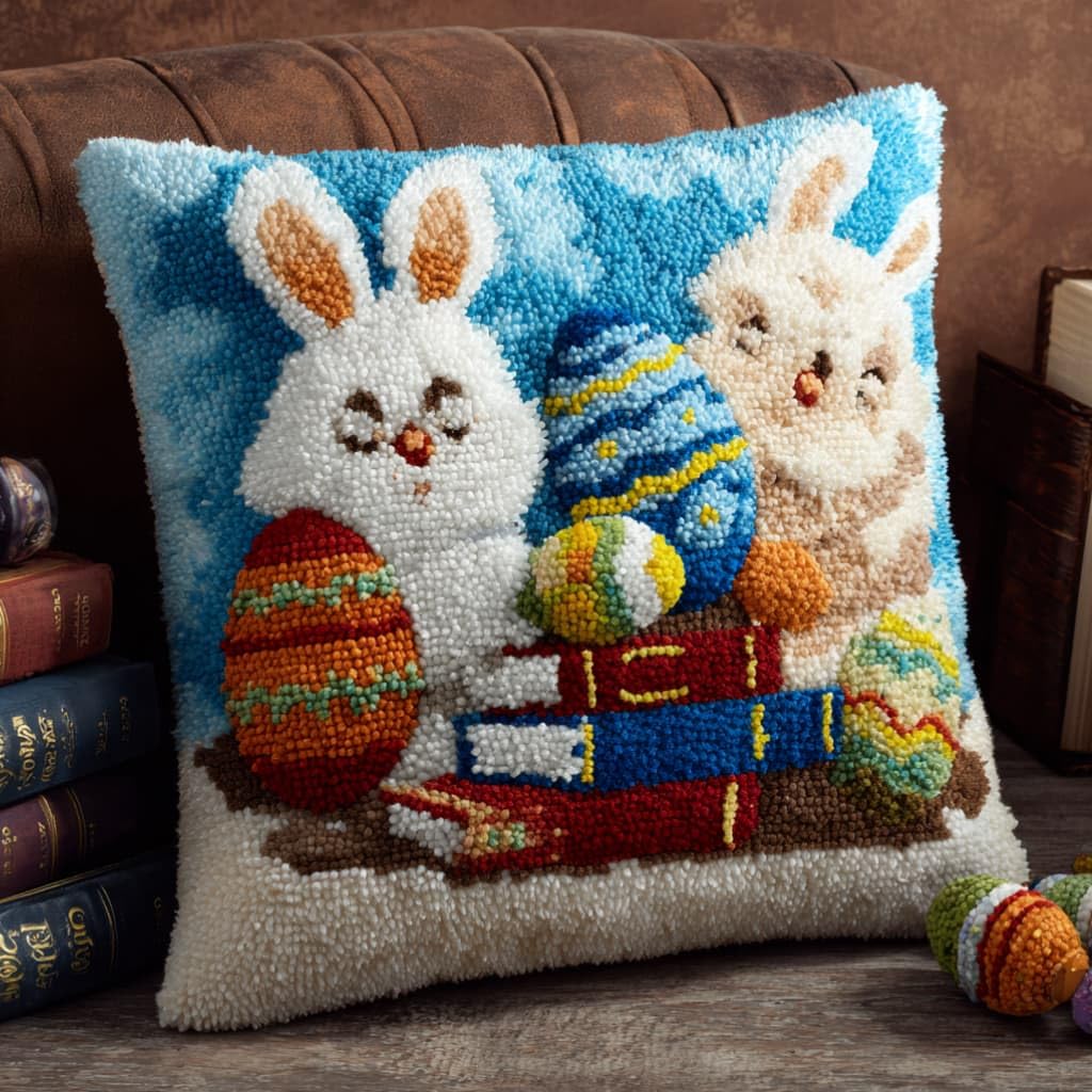 AxiangziK Latch Hook Cushion Kit,Rabbit DIY Embroidery Pillow Cover 43X43Cm