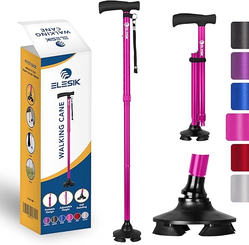 ELESIK Bastón para caminar para mujeres y hombres, bastón plegable ajustable con mango en T y diseño de base pivotante, bastón plegable para
