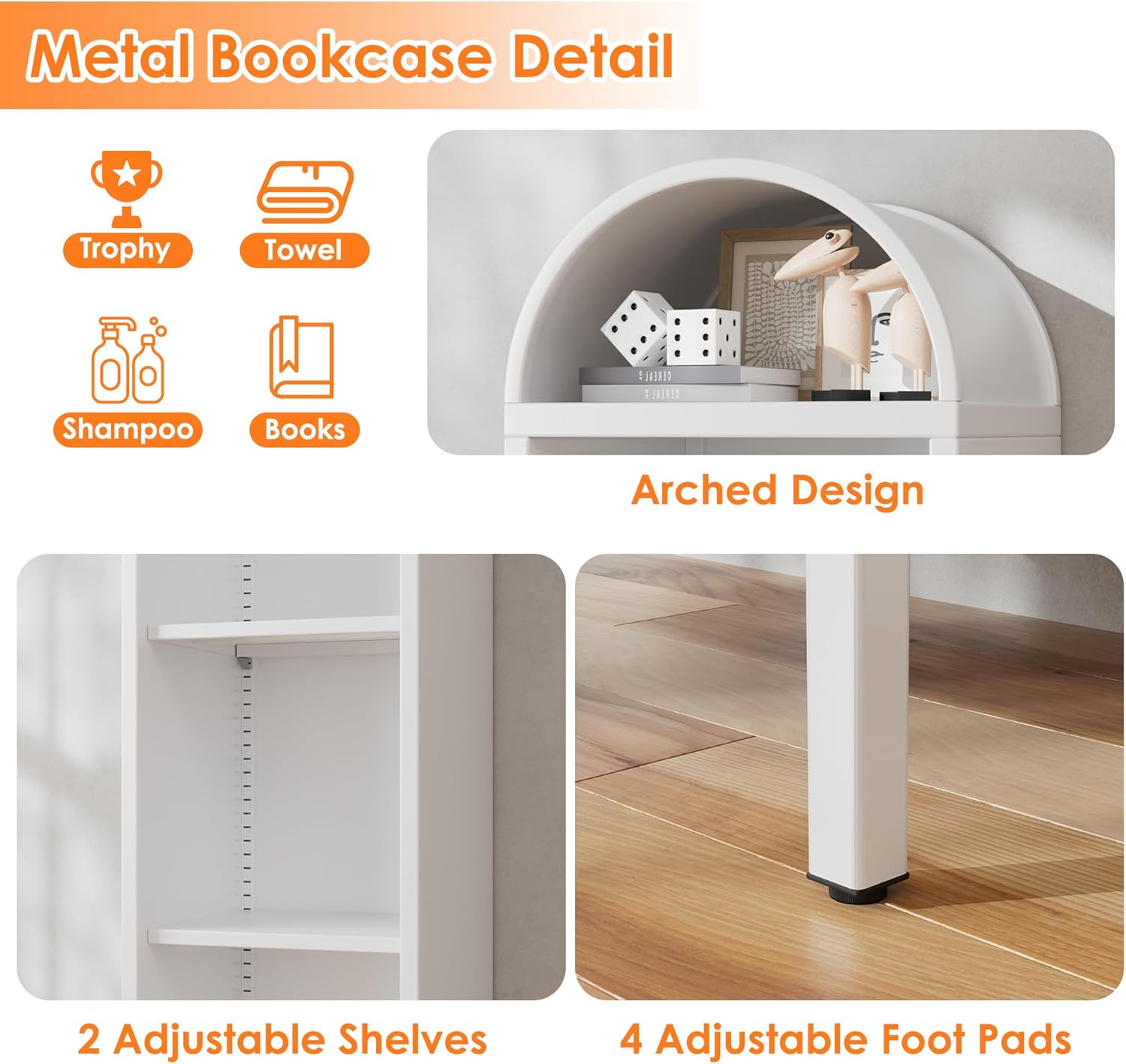Aobabo 63" H Arch Display Bookcase with 2 Adjustable Shelves, Kitchen Pantry Storage Bookshelf for Dining Room, Home, Office, Kitchen, Study Room, Assembly Required, White