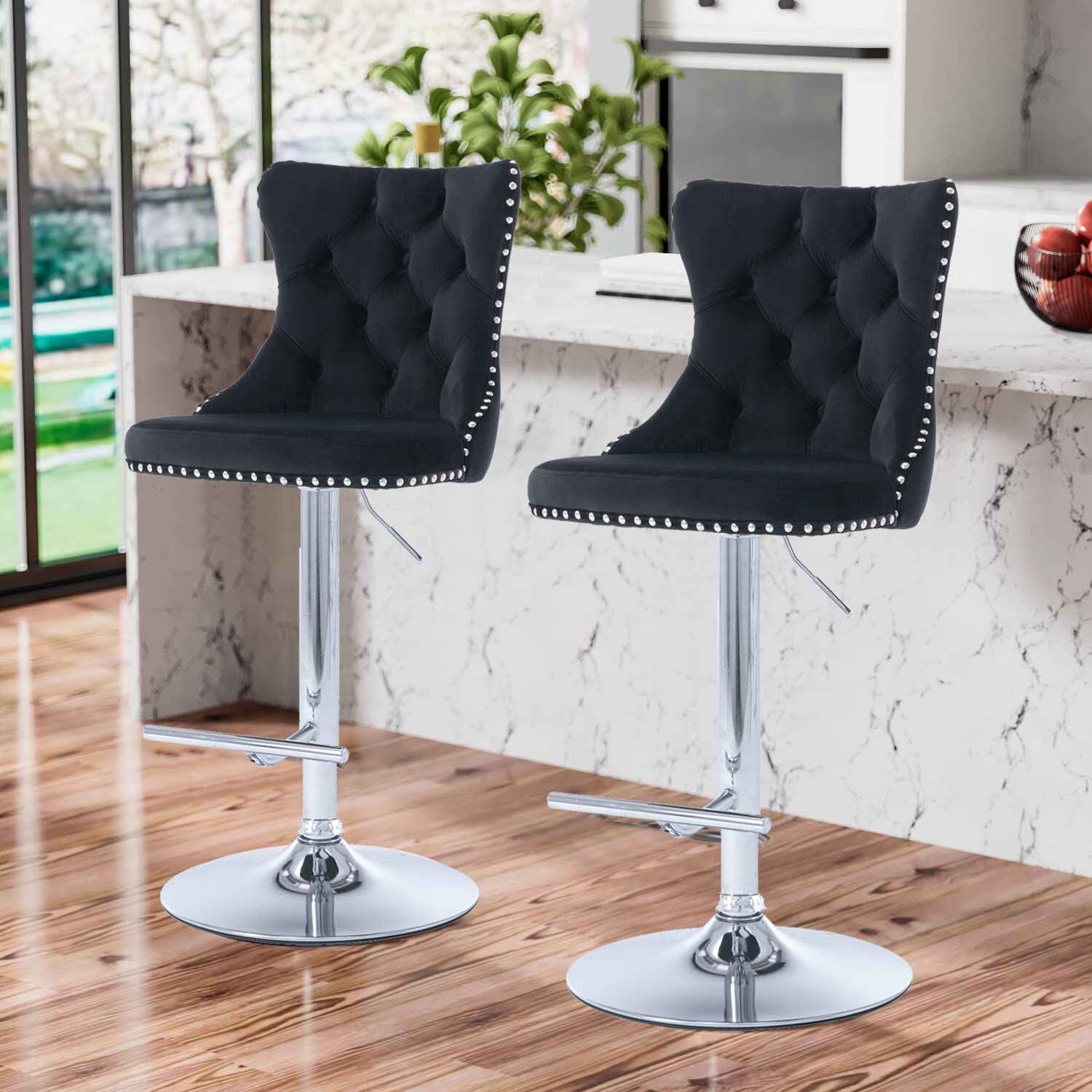 Aoowow Swivel Bar Stools Set of 2,Adjustable Barstools with Back Velvet Tufted Counter Stool Modern Upholstered Bar Chairs with Nailhead for Kitchen