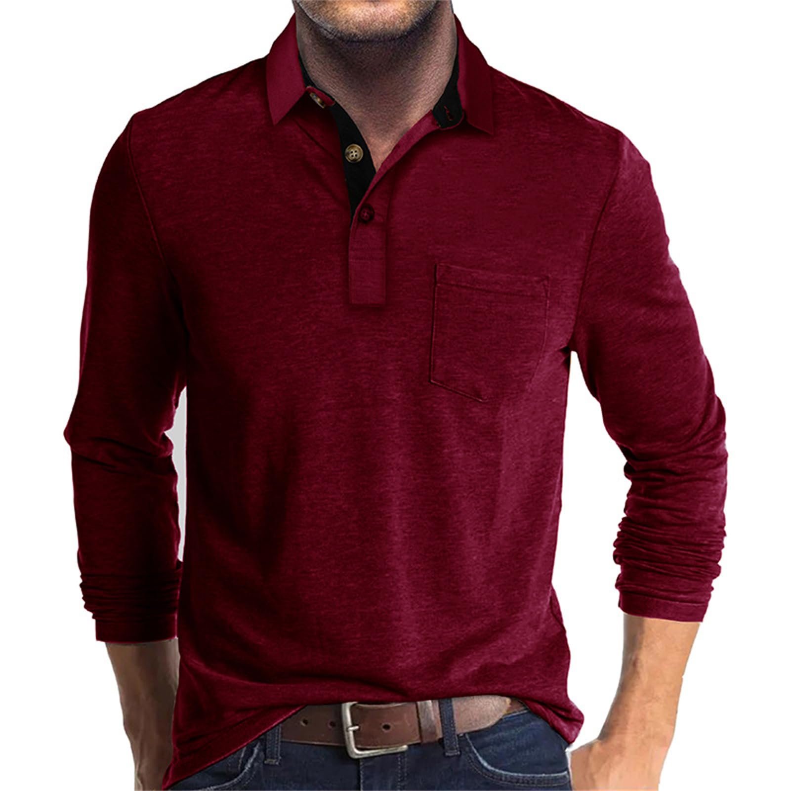 Polo da uomo a maniche lunghe, casual, alla moda, classiche, in cotone, a maniche lunghe, con bottoni