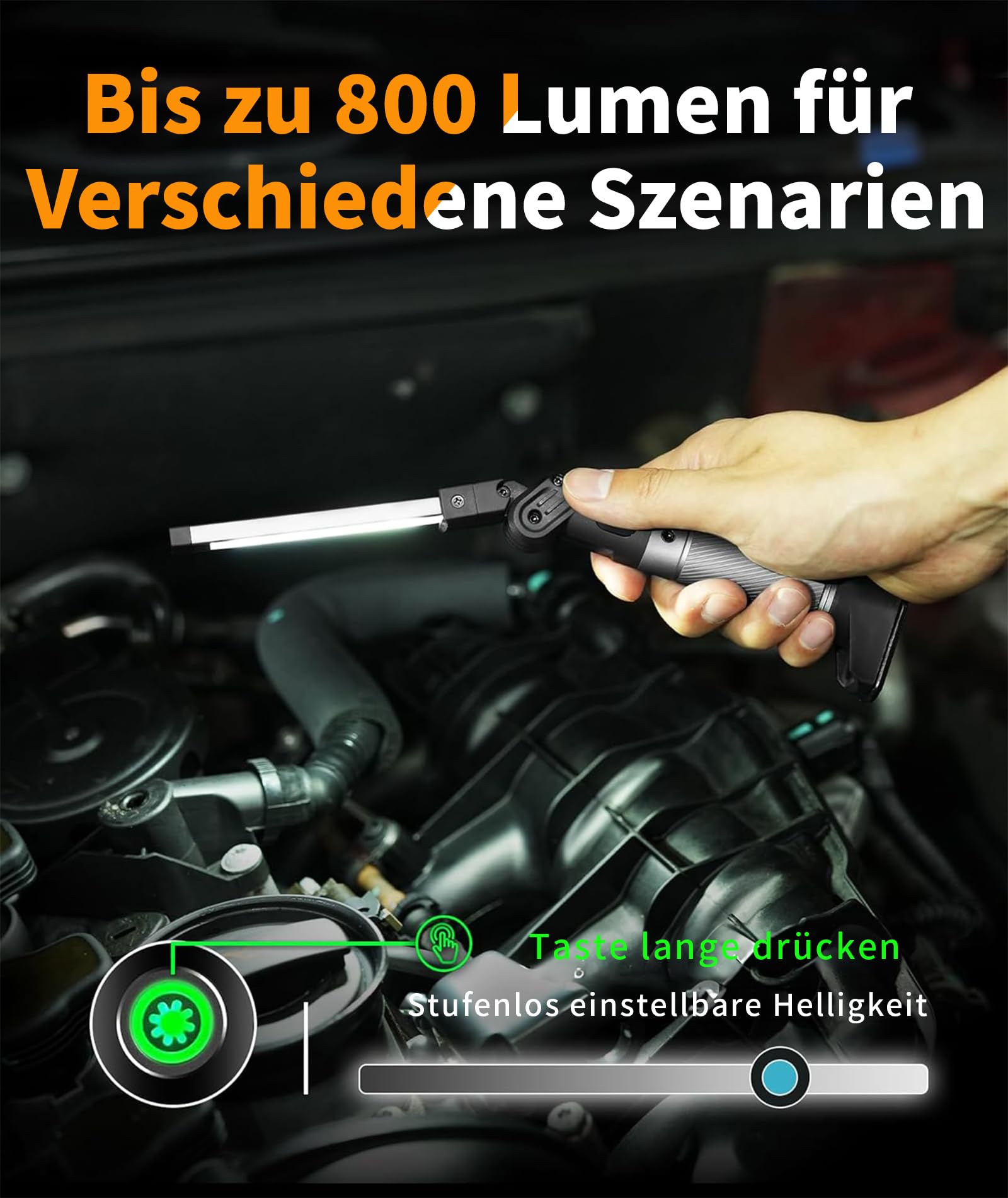 HOTLIGH Arbeitsleuchte – 800 Lumen Werkstattlampe LED mit Multifunktionalem Faltbarem Design, 2200 mAh Arbeitsleuchte LED Akku, 3 Leuchtmodi Arbeitslampe für Fahrzeugwartung/Notfälle, 1 Packung