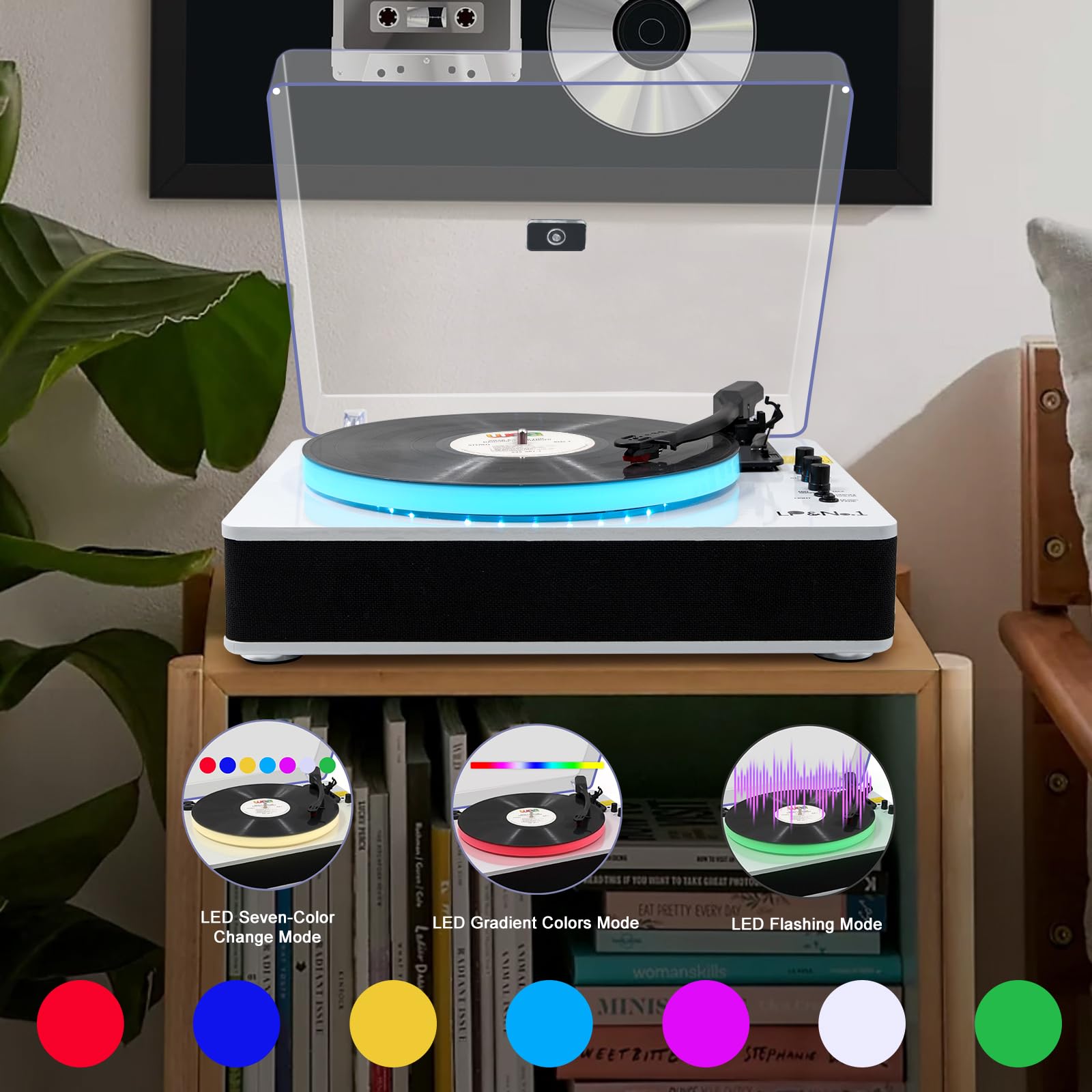 LP&No.1 Record Player with Built-in Stereo Speakers, LED Control, 3-Speed Belt-Drive Vinyl Turntable with USB Playback & Recording, Wireless BT Input & Output, Auto Stop, Pitch Control | White Pearl