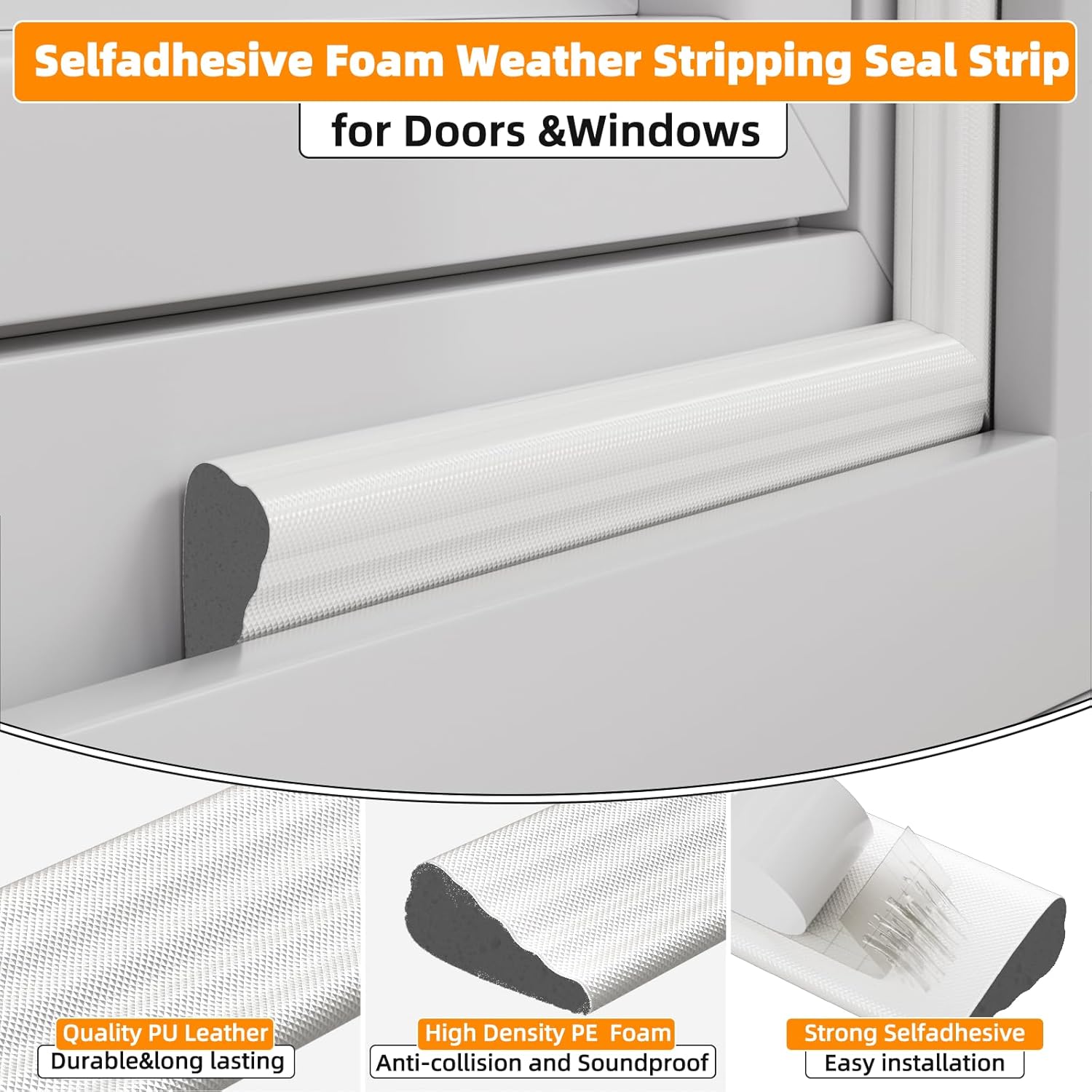 1 Pack*9.8 Ft Self-Adhesive Wedge Foam Window Weather Stripping Door Seal Strip, Soundproof Exterior Front Door Frame Gap Filler, Draft Stopper Foam Tape Noise Light Blocker (White)