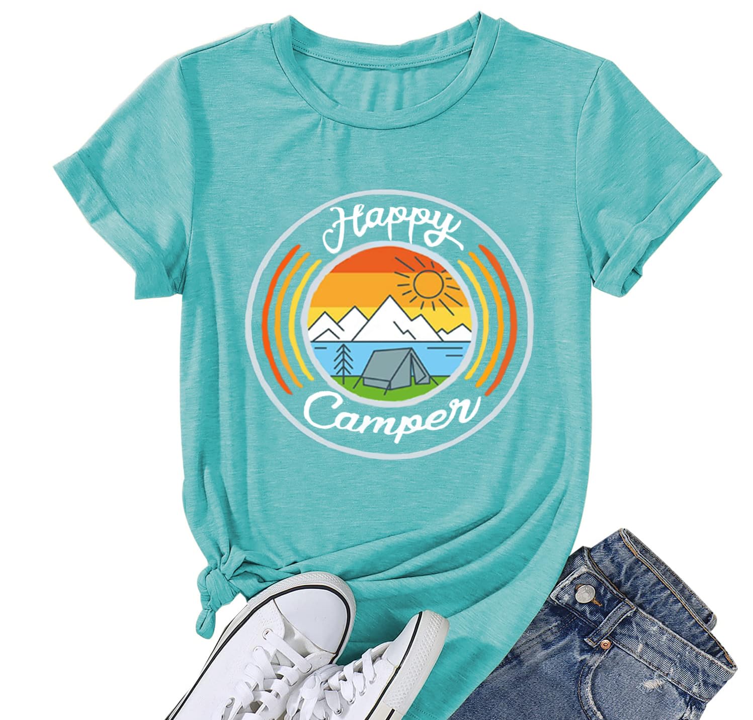 Calvin&SallyHappy Camp T-Shirt Women Hiking Mountain Adventure Novelty Workout Funny Saying Cute Graphic Athletic Shirt