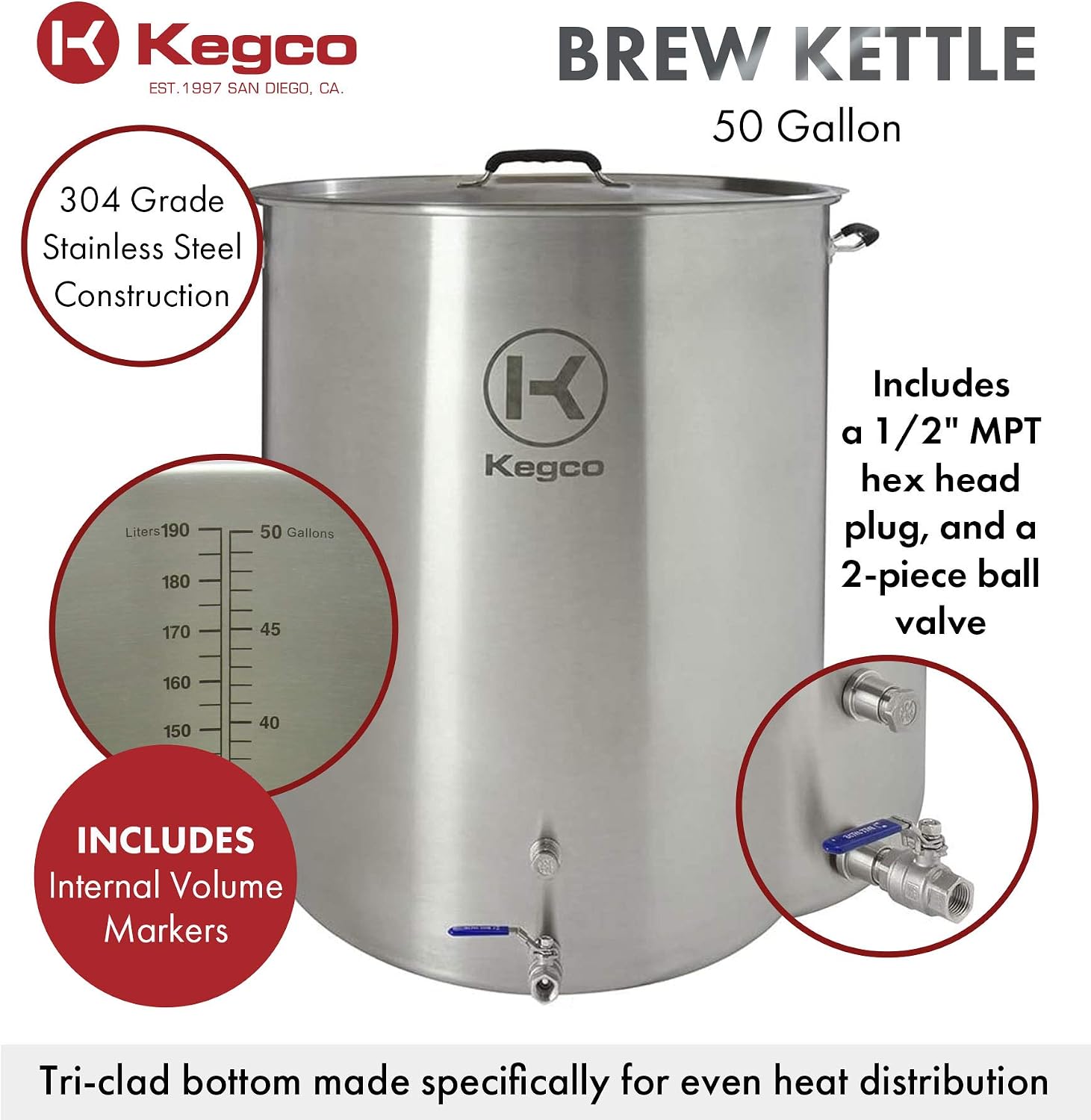 Kegco 3PXBK50-P2 50 Gallon Brew Kettle with Plug & 2-Piece Ball Valve