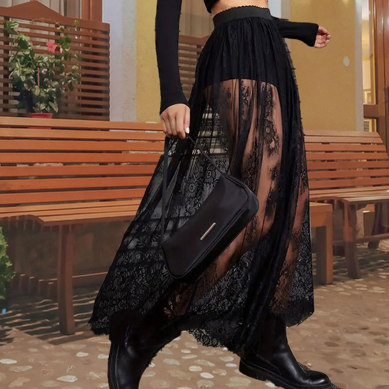 Falda Larga Semitransparente Encaje Mujer, Sexy 2 en 1, Malla Transparente, Cintura elástica línea A, Maxifalda Tul Debajo Pantalones Cortos, Ropa Festivales Salir, Negra, Tallas S